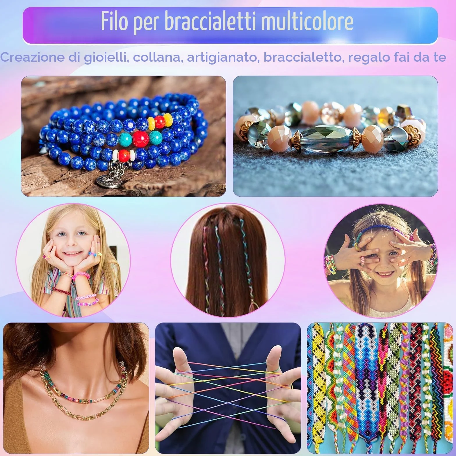 Alyvisun 1mm x 100m Filo per Braccialetti, Durevole Arcobaleno Filo per Braccialetti Adatto per Fare Gioielli DIY, Bracciali, Collane, Artigianato, Decorazioni (Colorato)