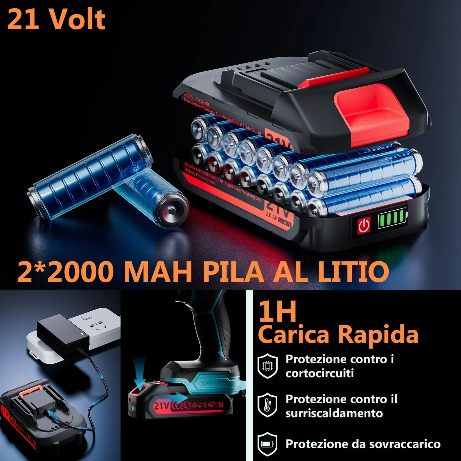 Trapano Avvitatore Batteria 21V, con 2×2000mAh Batterie, coppia 45 Nm max, 25 + 3 livelli di coppia (2 marce e LED) per casa e giardino fai da te (Blu)