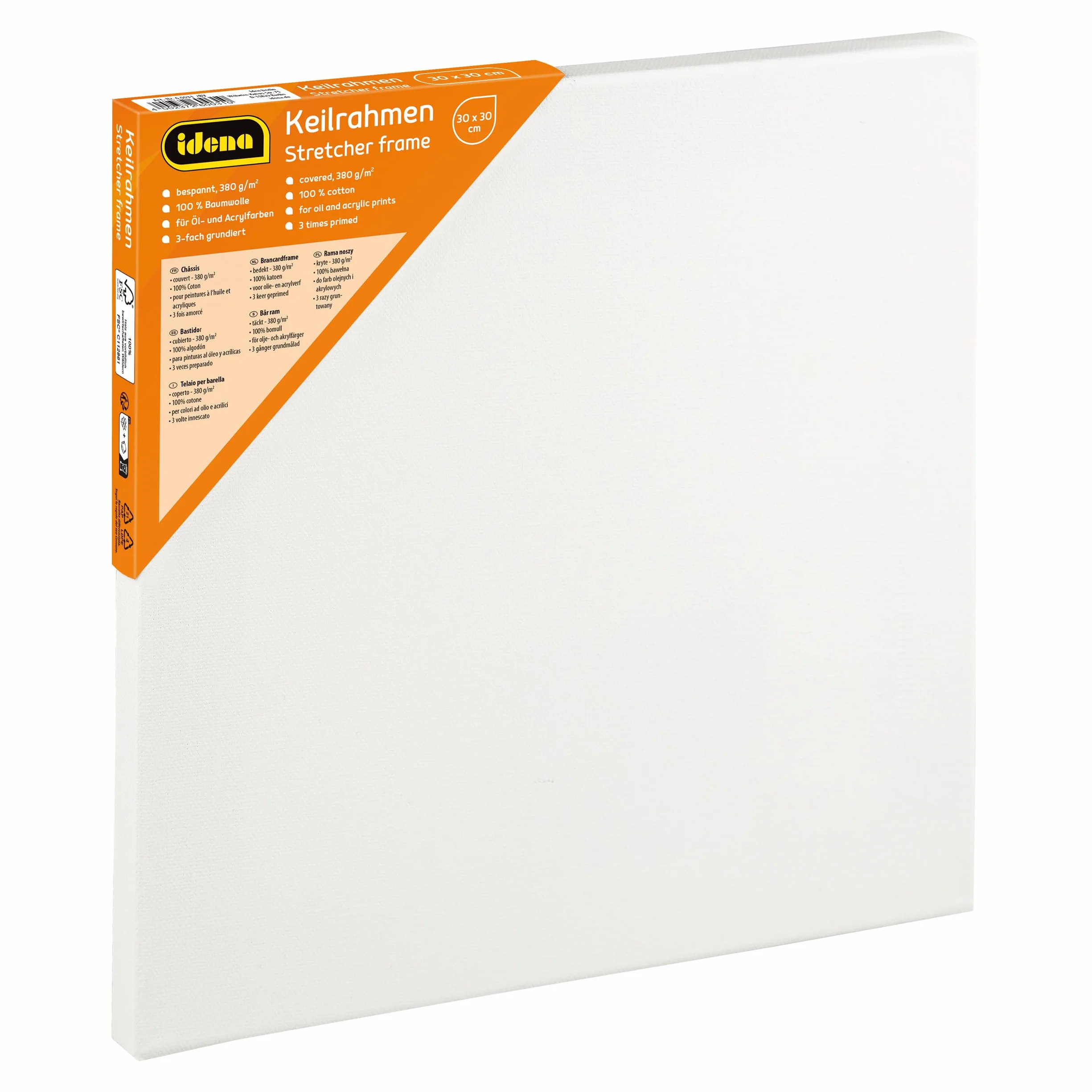 Idena 90561 - Telaio con tela bianca in 100% cotone, 5 pezzi ca. 30 x 30 cm, grammatura 380 g/m², per colori a olio e acrilici