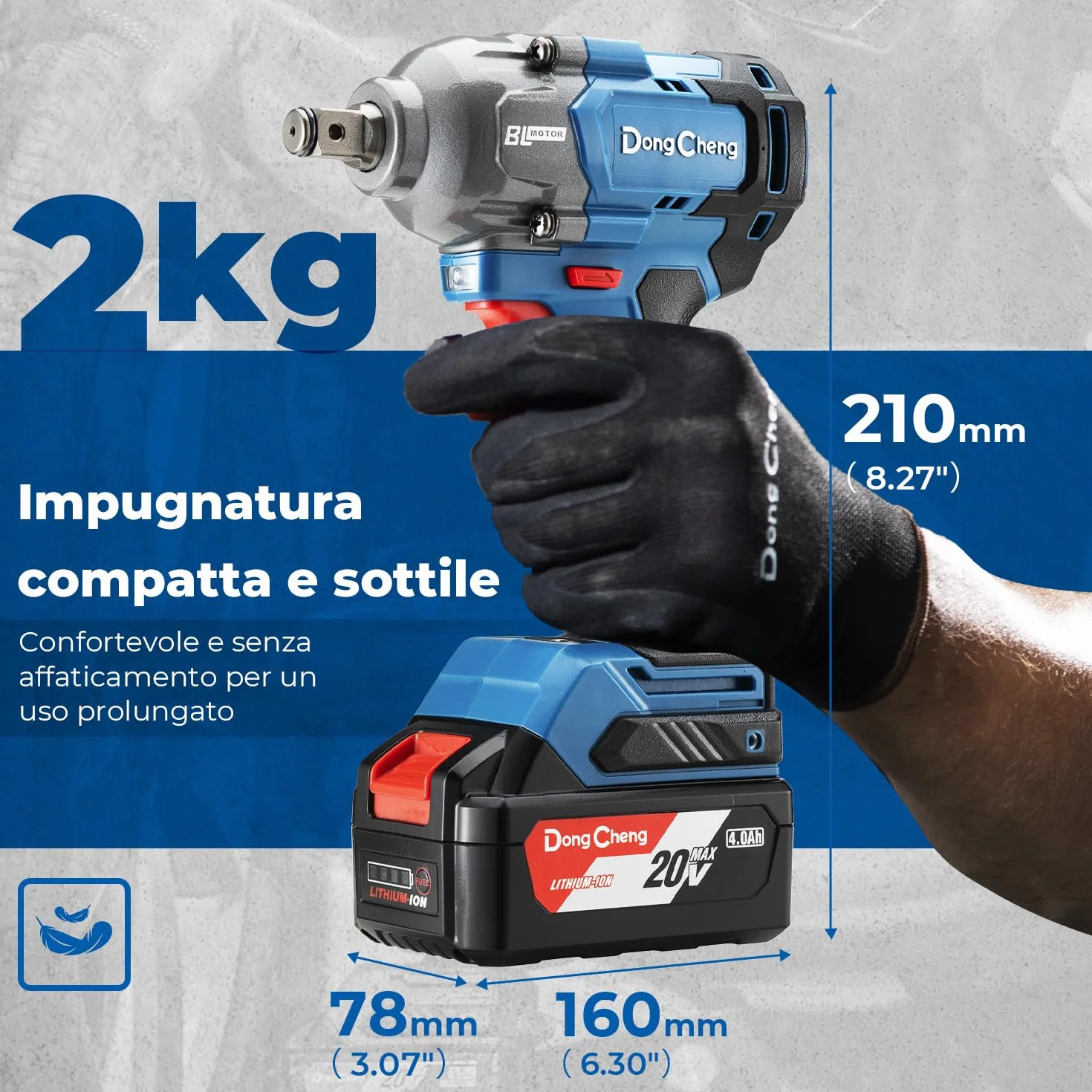 Dong Cheng Avvitatore a impulsi a batteria 20V 4,0 Ah brushless attacco 1/2" 3 velocità