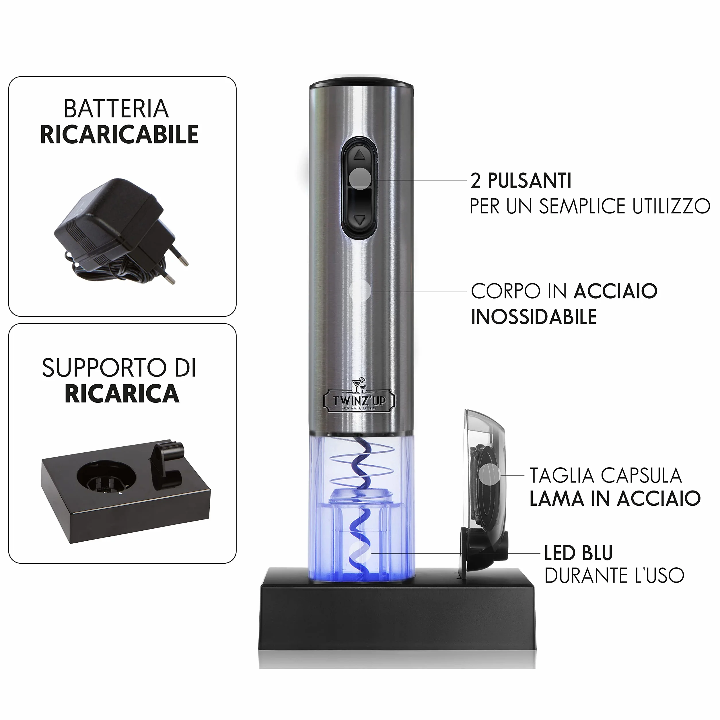 Twinz'Up Cavatappi Elettrico per Vino, Idee Regalo Uomo Compleanno - Apribottiglie Elettrico Ricaricabile (Base di Ricarica) con Taglia-Capsule