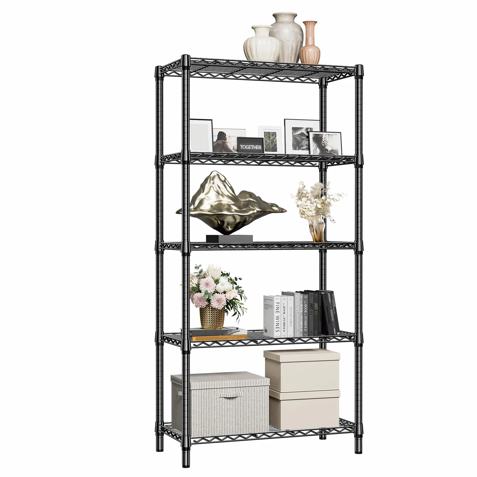 M MZG Scaffale in metallo a 5 ripiani, 567 kg, resistente, per armadio, garage, cucina, bagno, lavanderia, nero, 40 x 85 x 173,9 cm