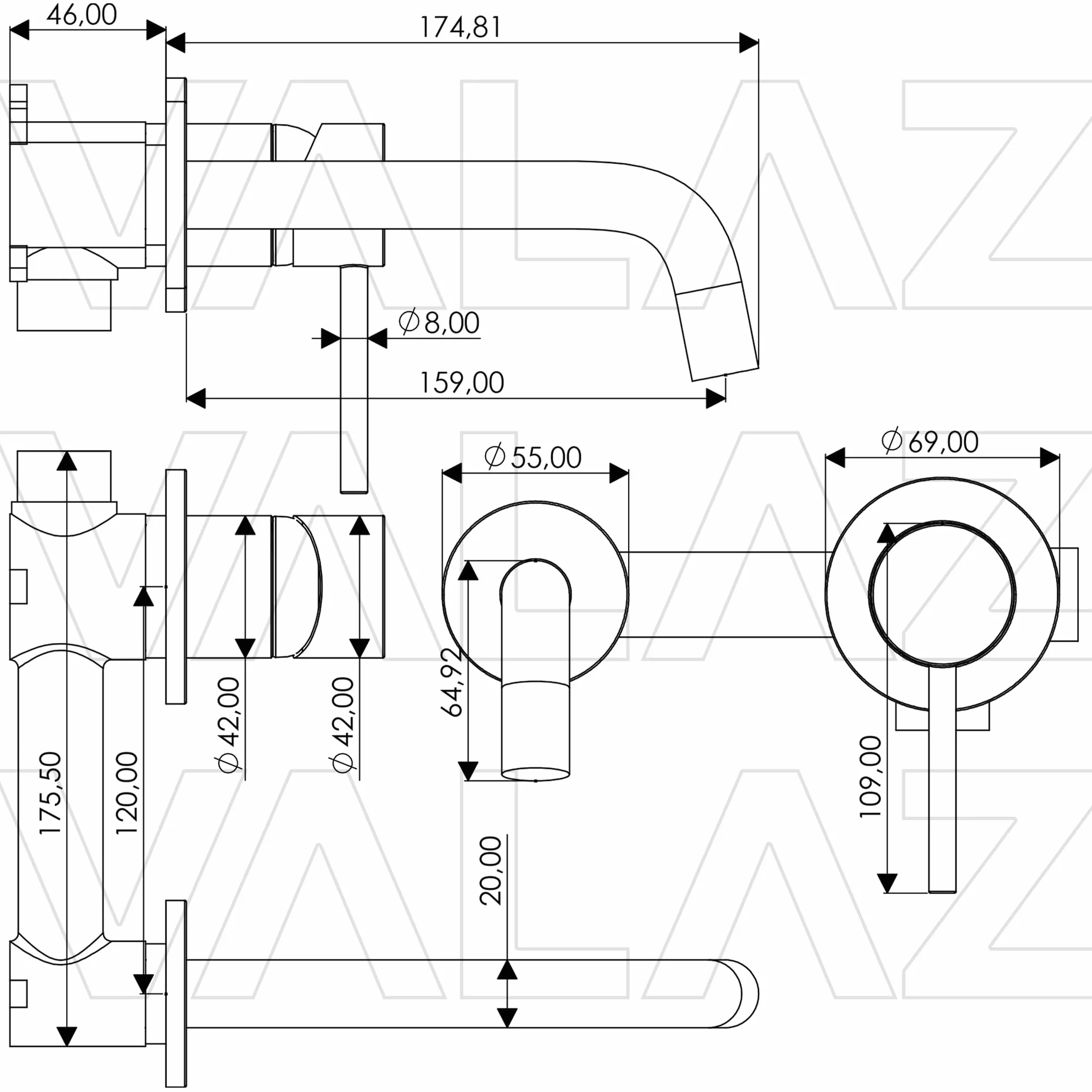 VALAZ Rubinetto Bagno Lavabo a Muro Acciaio Spazzolato Protezione PVD | Miscelatore Lavabo Bagno Acqua Fredda e Calda | Installazione Facile | Ottone, Inossidabile, Becco 15cm, Serie Deva