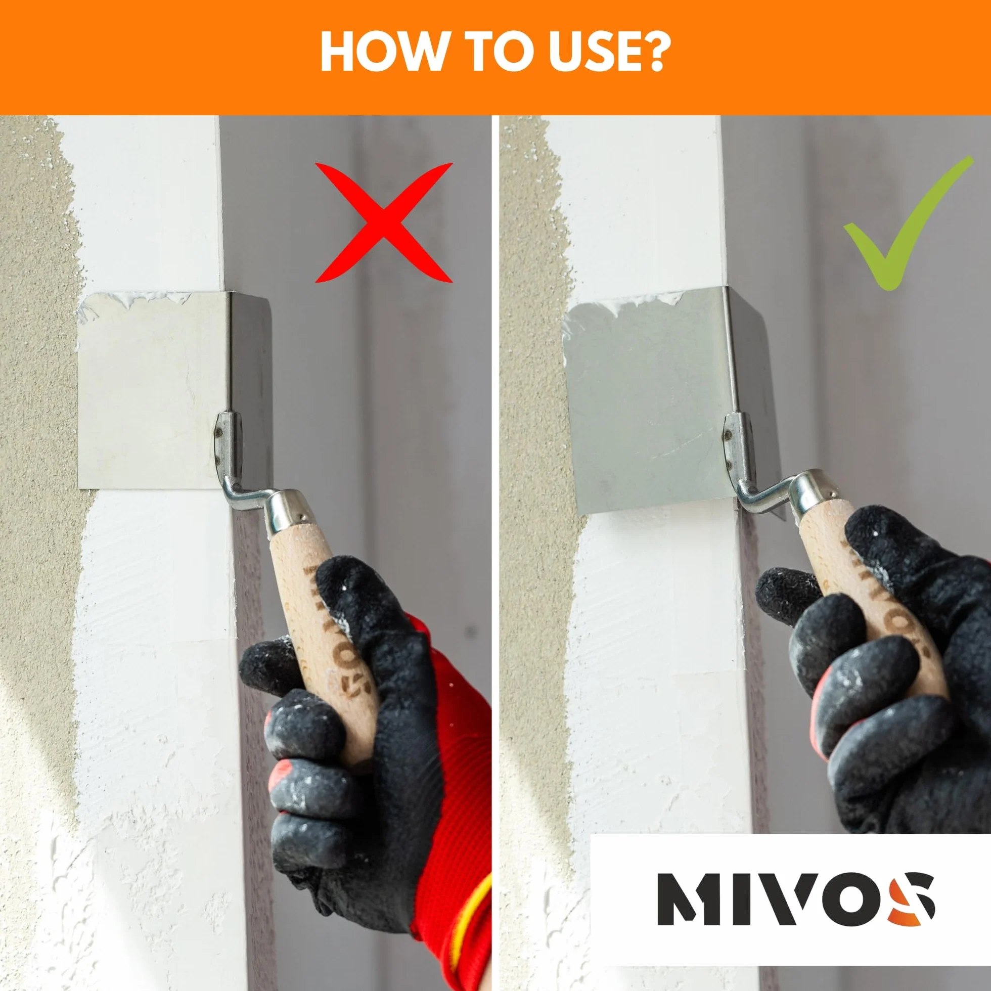Mivos Cazzuola Angolare Esterna 80 x 60 mm in Acciaio Inox - Spatola Angolare per Stucco per Angoli Esterni - Manico in Legno - Spatola Antiruggine - Angolo di 90° - Prodotto in UE