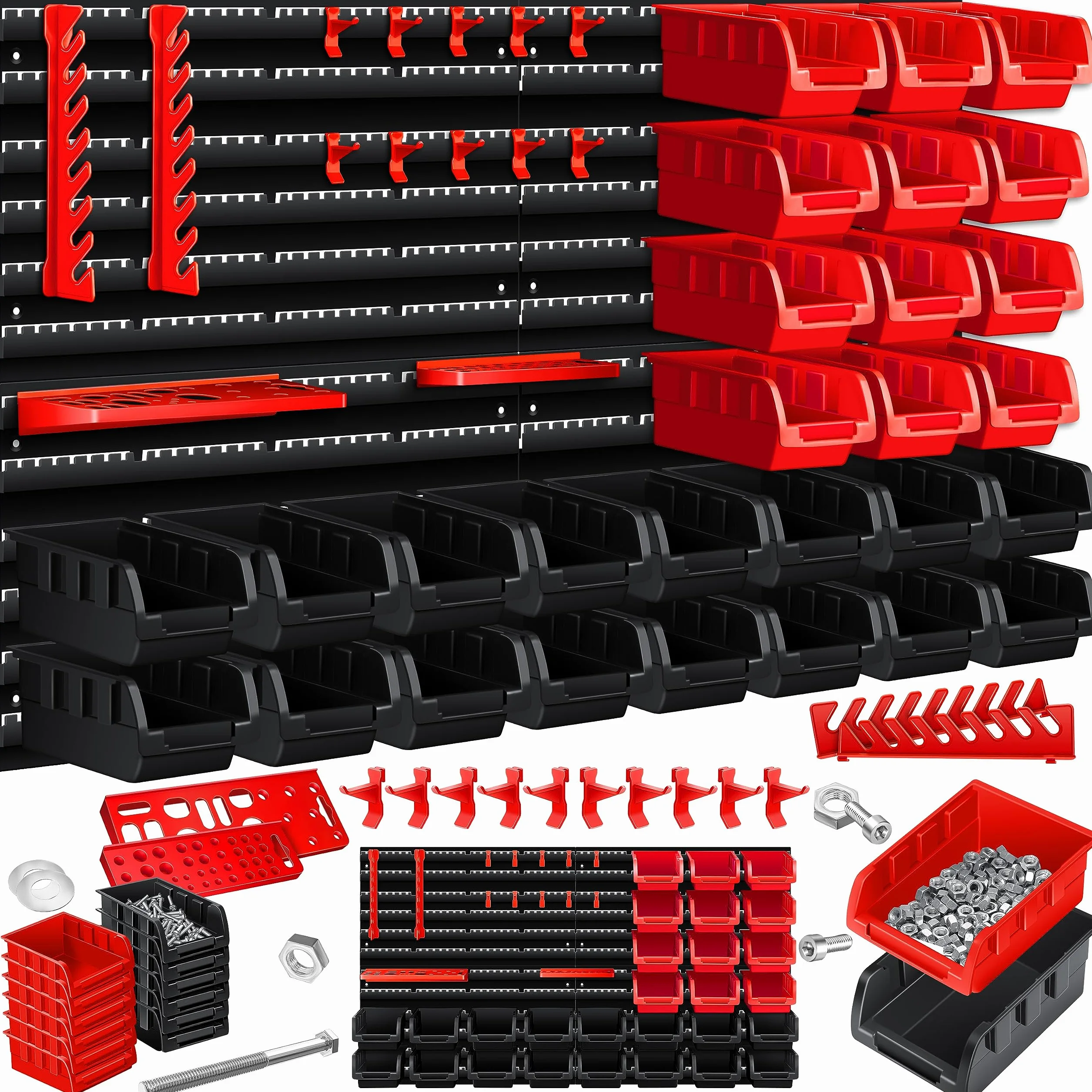 Masko® Scaffale da parete + Scatole impilabili + Portautensili, Espandibile, Scaffale da officina, Scatole portaoggetti visibili, 45 Parti - Nero/Rosso