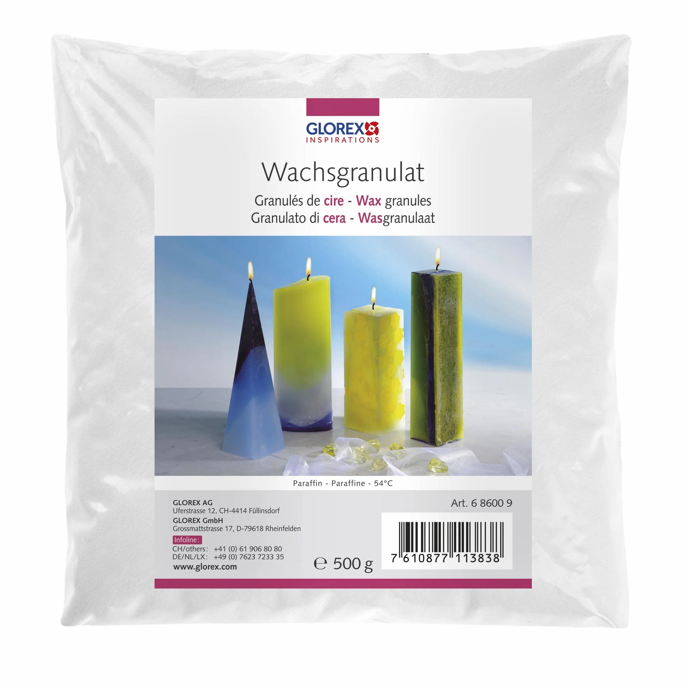 GLOREX 6 8600 9 - Granuli di Cera in Forma di pastiglia, 500 g, Cera per Candele a Base di paraffina, per la Fabbricazione di Candele, pronta all'Uso