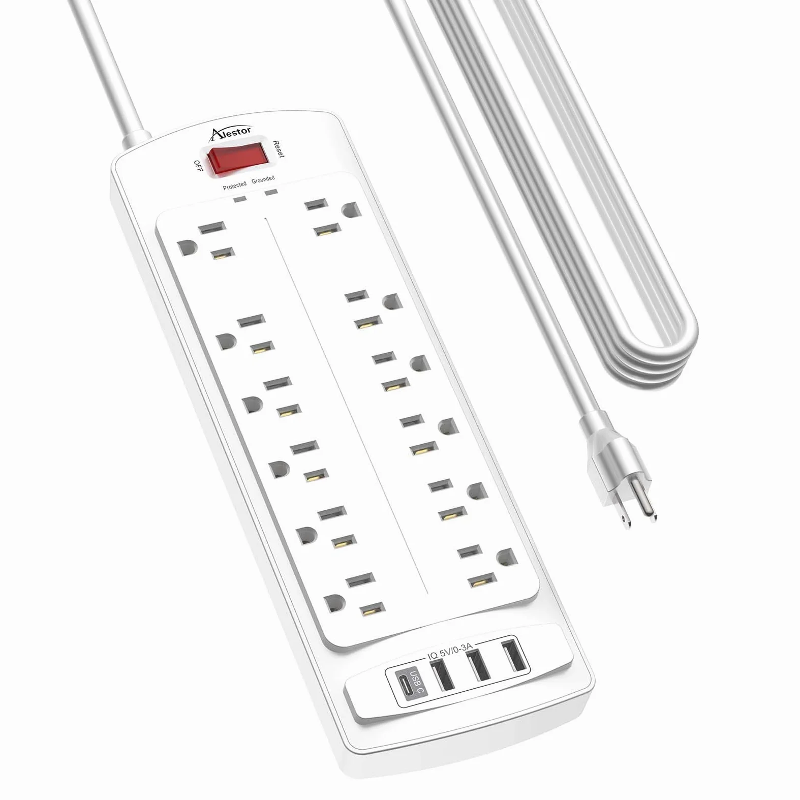 ALESTOR Power Strip, protezione contro le sovratensioni con 12 uscite e 4 porte USB, cavo di prolunga da 6 m (1875 W/15 A), 2700 Joule, ETL, bianco