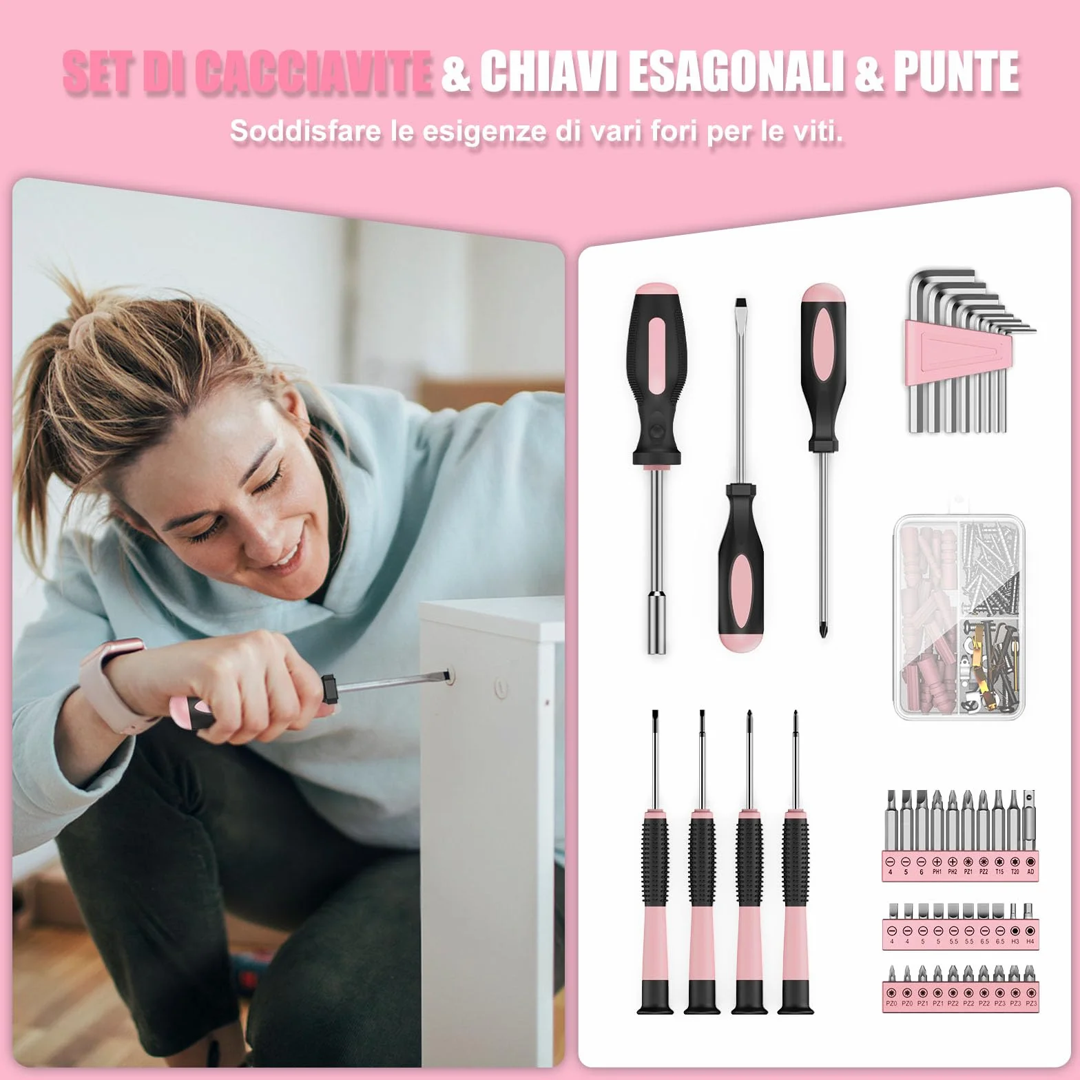 Trapano Avvitatore Batteria 12V - Sundpey Cassetta Attrezzi Completa 206 Pezzi con Trapano a Percussione, Set Attrezzi da Lavoro con Set Completo di Punte per la Decorazione Della Casa Rose