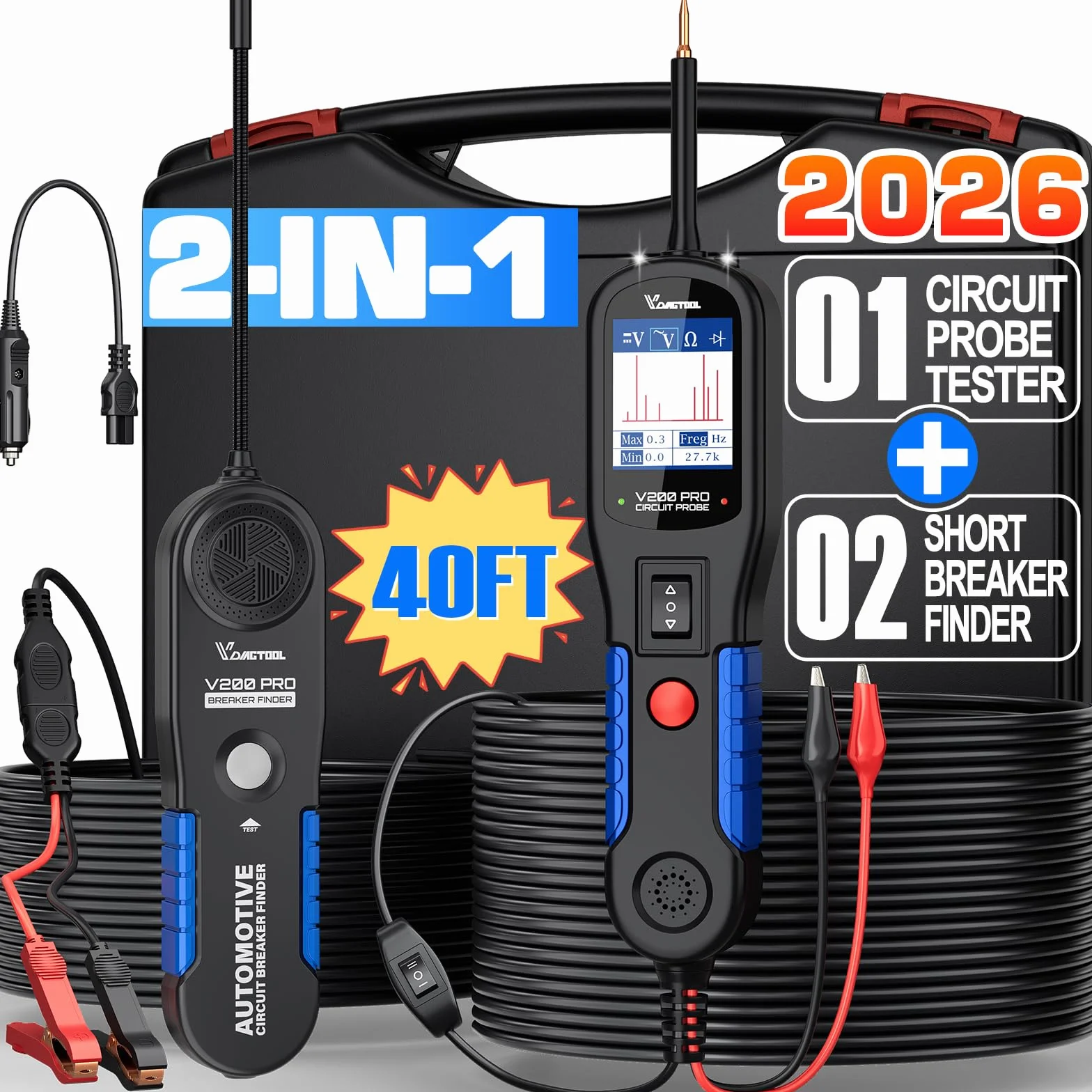 VDIAGTOOL V200 Pro Tester Sonda Circuiti Elettrici Auto, Rilevatore di Cavi Circuito Aperto Corto Circuito AC DC 12V 24V, Cerca Filo Interrotti Auto Elettrici, Relè Fusibili Trailer Componenti Tester