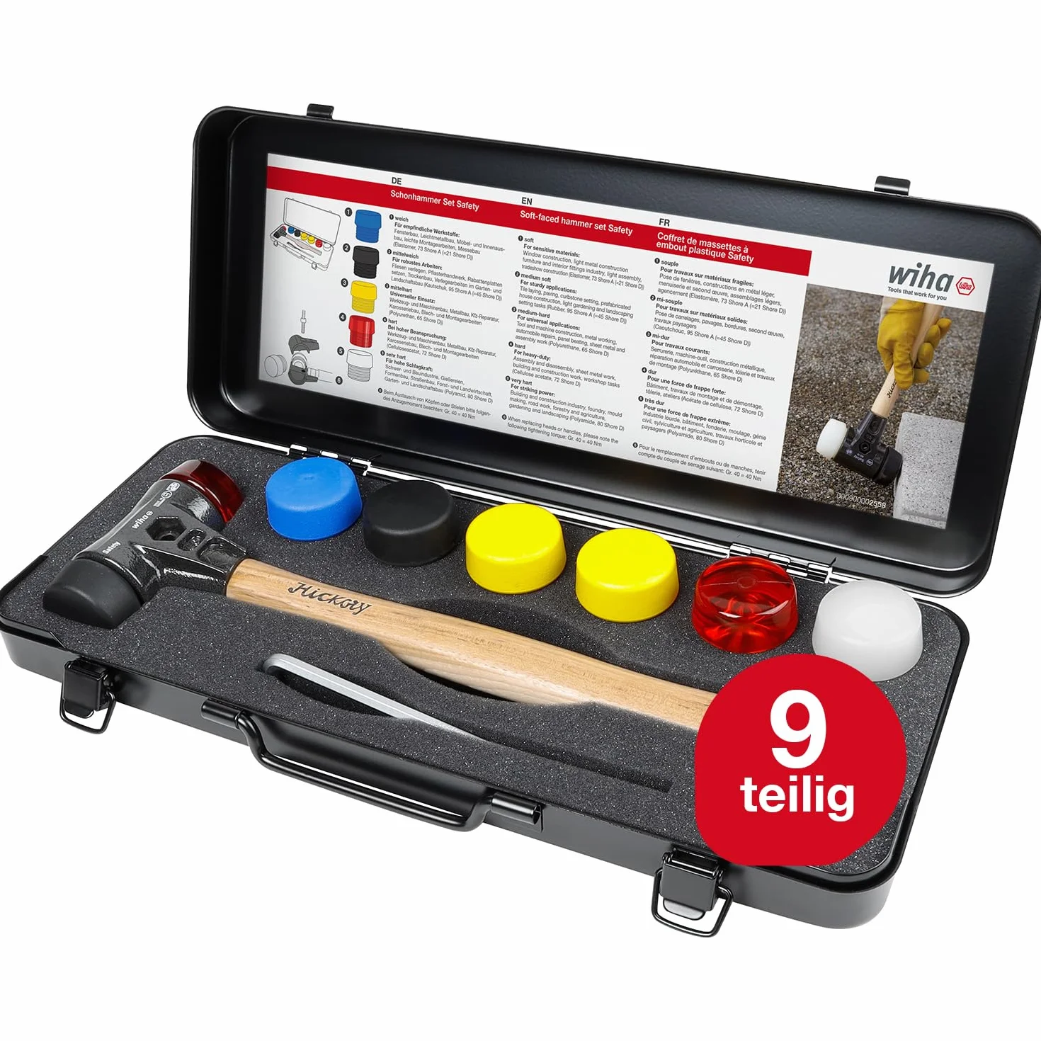 Wiha Juego de martillos de cara blanda Safety con surtido de cabezales, de 9 unid., incl. caja (44008)