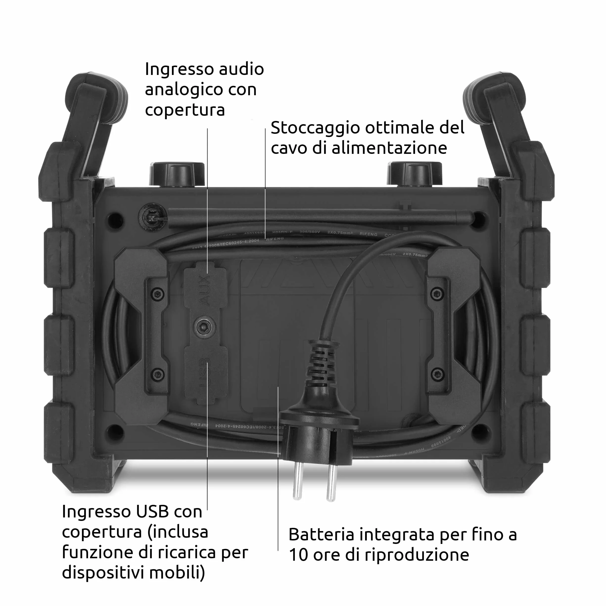 TechniSat DIGITRADIO 230 OD - Radio da cantiere DAB+ (DAB+, DAB, FM, USB, AUX in, Bluetooth, potente batteria ricaricabile, memoria preferiti, 2 altoparlanti stereo da 6 watt) nero