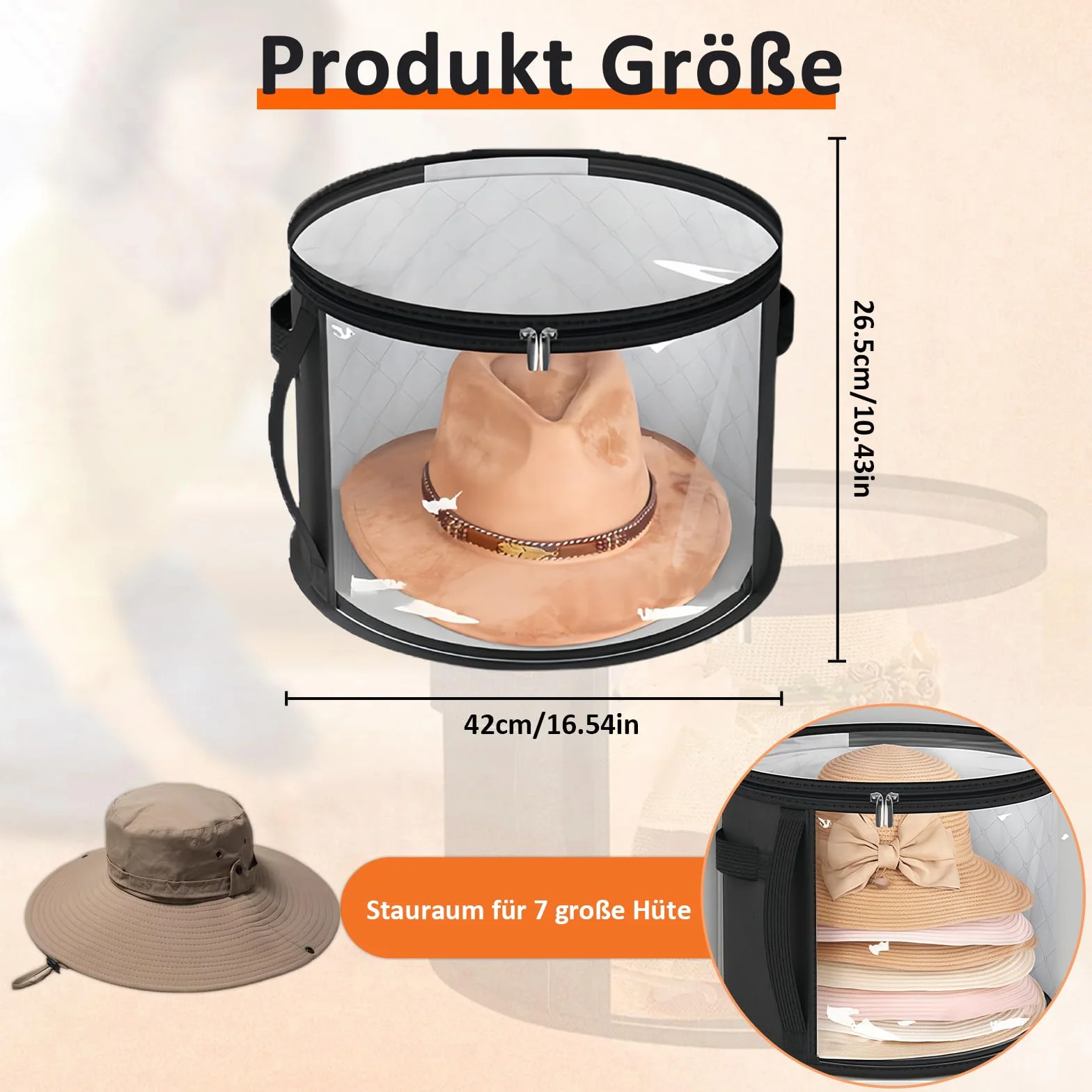 Scatola per cappelli rotonda con coperchio e finestra trasparente, valigia per cappelli con manico stabile
