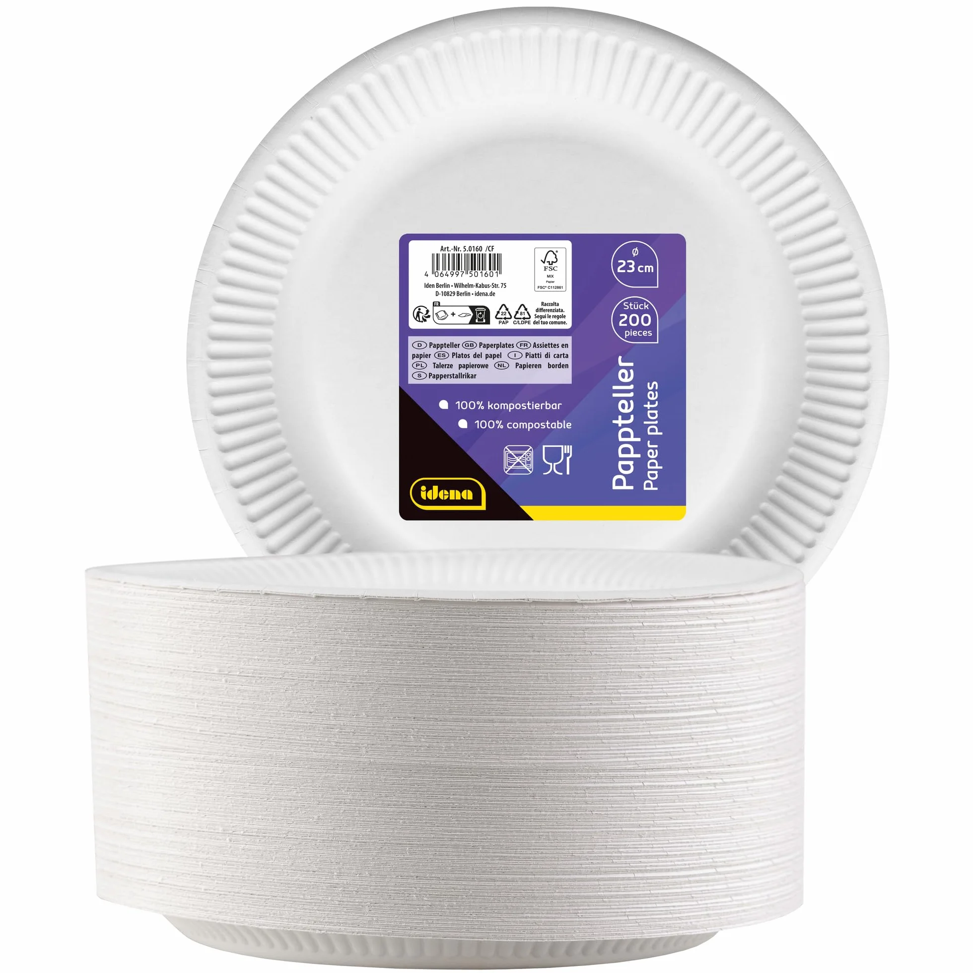 Idena Piatto Party Bianco 200 Pezzi 23 cm Certificato FSC Piatto di Carta 100% compostabile