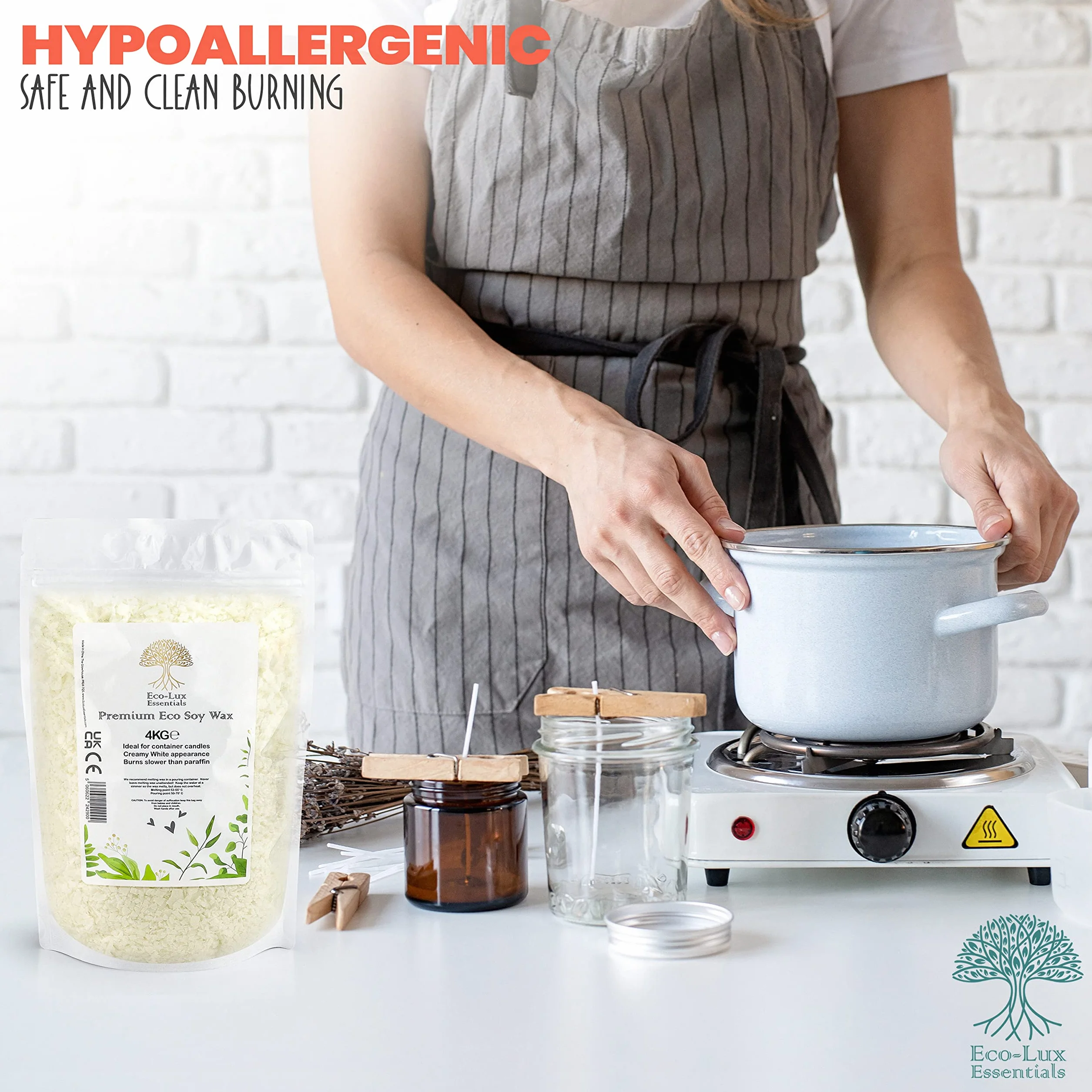 Eco Lux UK - Cera di soia bianca in fiocchi di cera di soia di alta qualità, 100% naturale, vegana e cruelty free, biologica, per realizzare candele, cera di soia senza additivi, innocua e pura (4 kg)