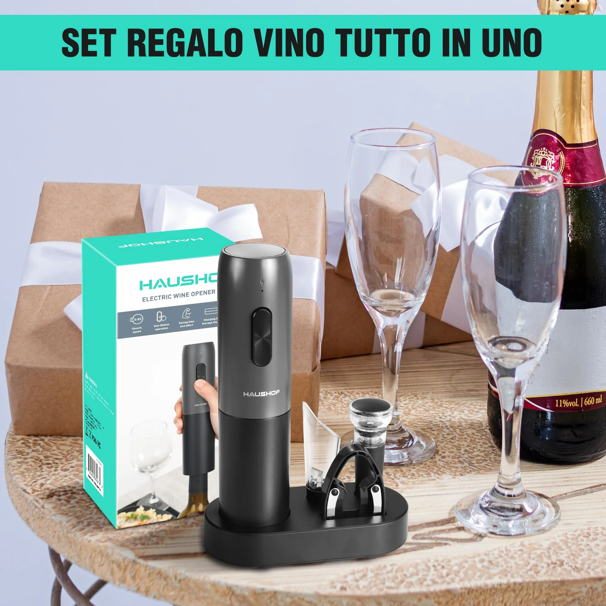 HAUSHOF Cavatappi Elettrico 4 in 1, Profesjonalny Otwieracz do Wina z Wakuum, Tagliacapsule, Wylewka