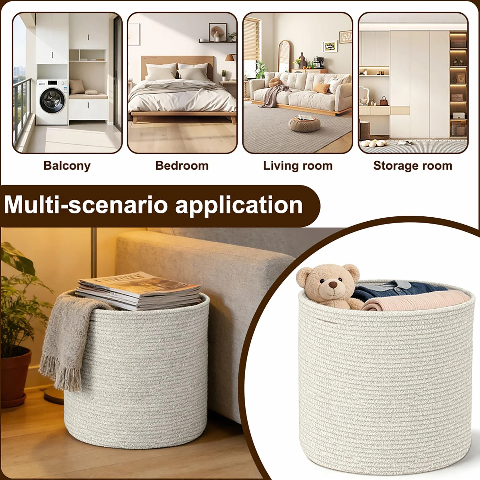 Cestino Portaoggetti in Corda di Cotone, Cesto Portabiancheria 40x35 cm con Manici, Cesto Organizzatore per Giocattoli, Abiti, Coperte, per Nursery, Soggiorno, Camera da Letto (Beige)