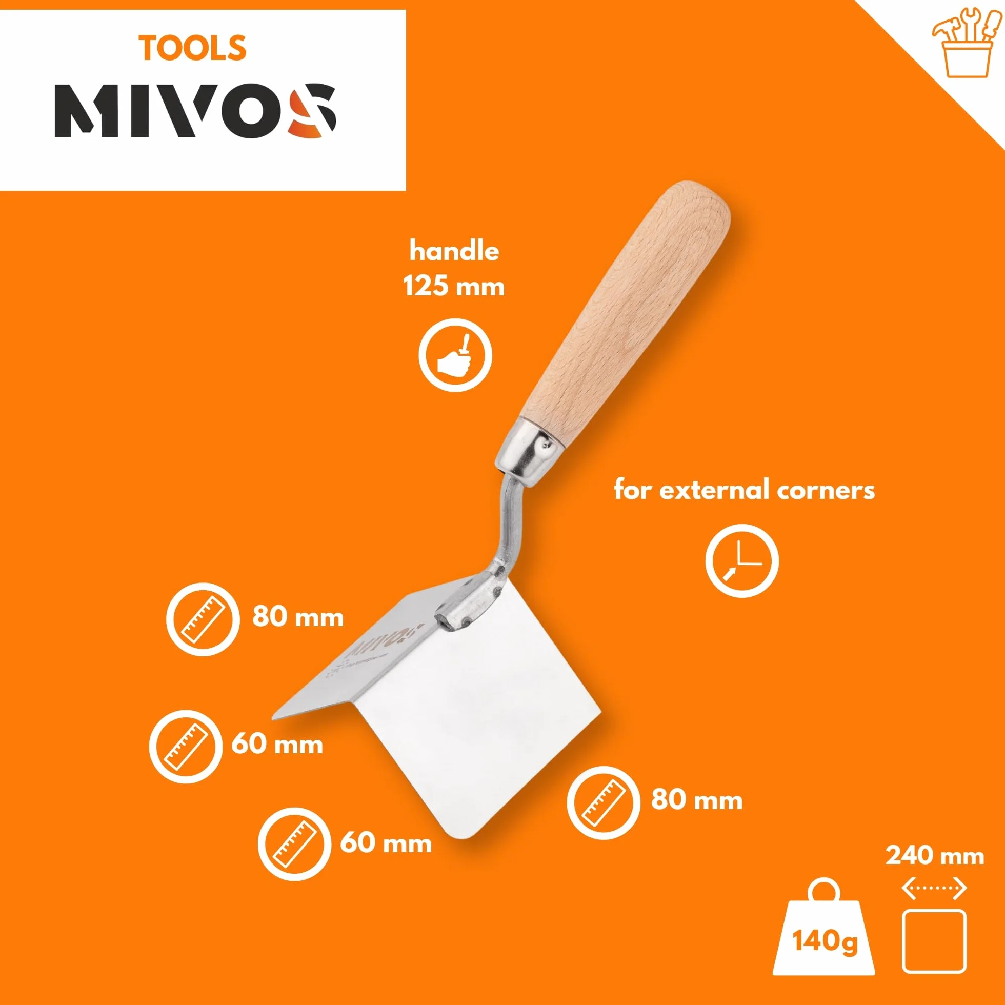 Mivos Cazzuola Angolare Esterna 80 x 60 mm in Acciaio Inox - Spatola Angolare per Stucco per Angoli Esterni - Manico in Legno - Spatola Antiruggine - Angolo di 90° - Prodotto in UE