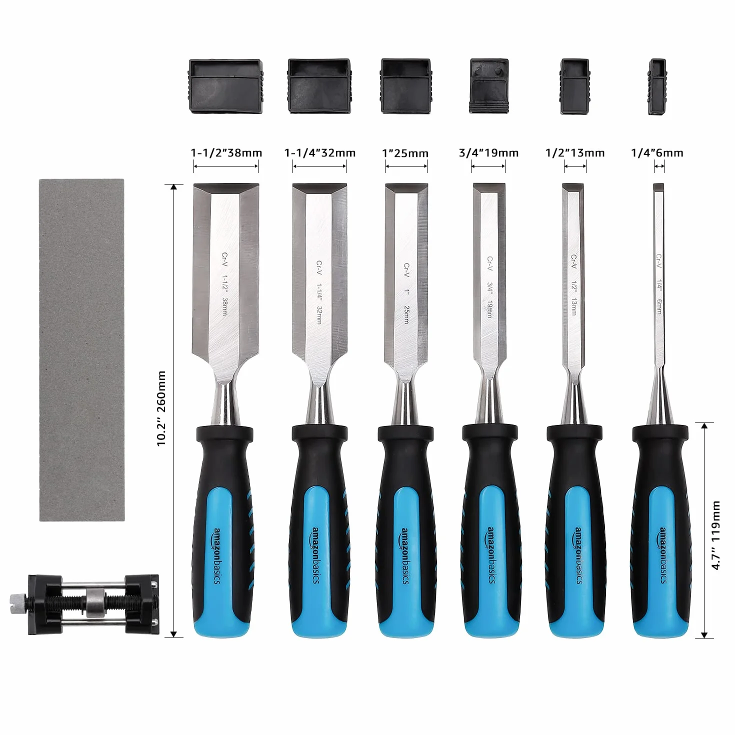 Amazon Basics Scalpelli per la lavorazione del legno, per intaglio, con guida levigatrice, cote e custodia, confezione da 8, 1/4" - 1-1/2"