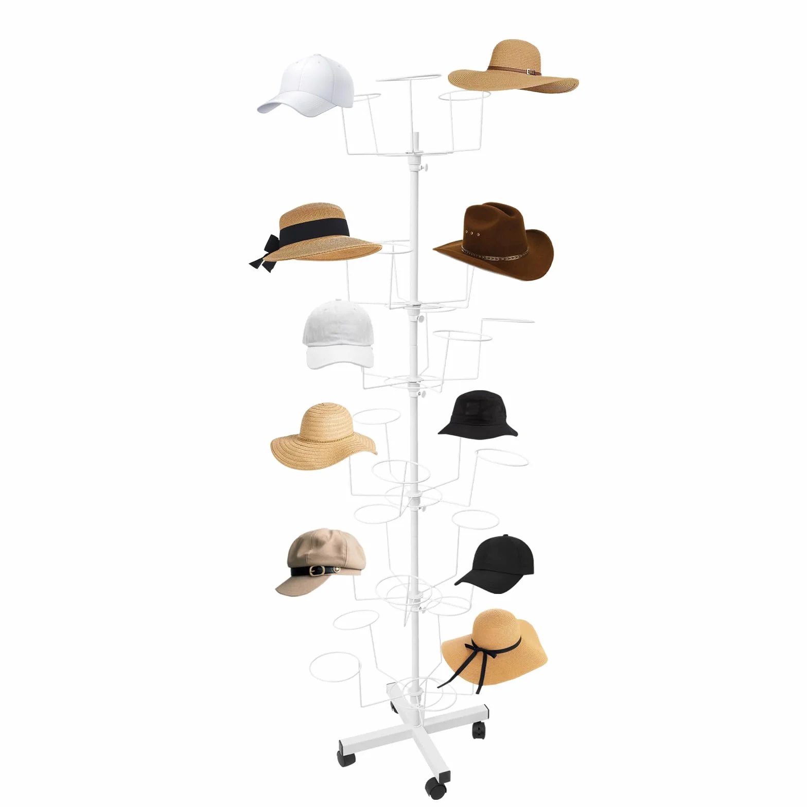 Supporto per cappelli a 6 livelli con ruote, 30 supporti per parrucche, porta cappelli, porta cappelli, in metallo, per cappelli, parrucche, bianco