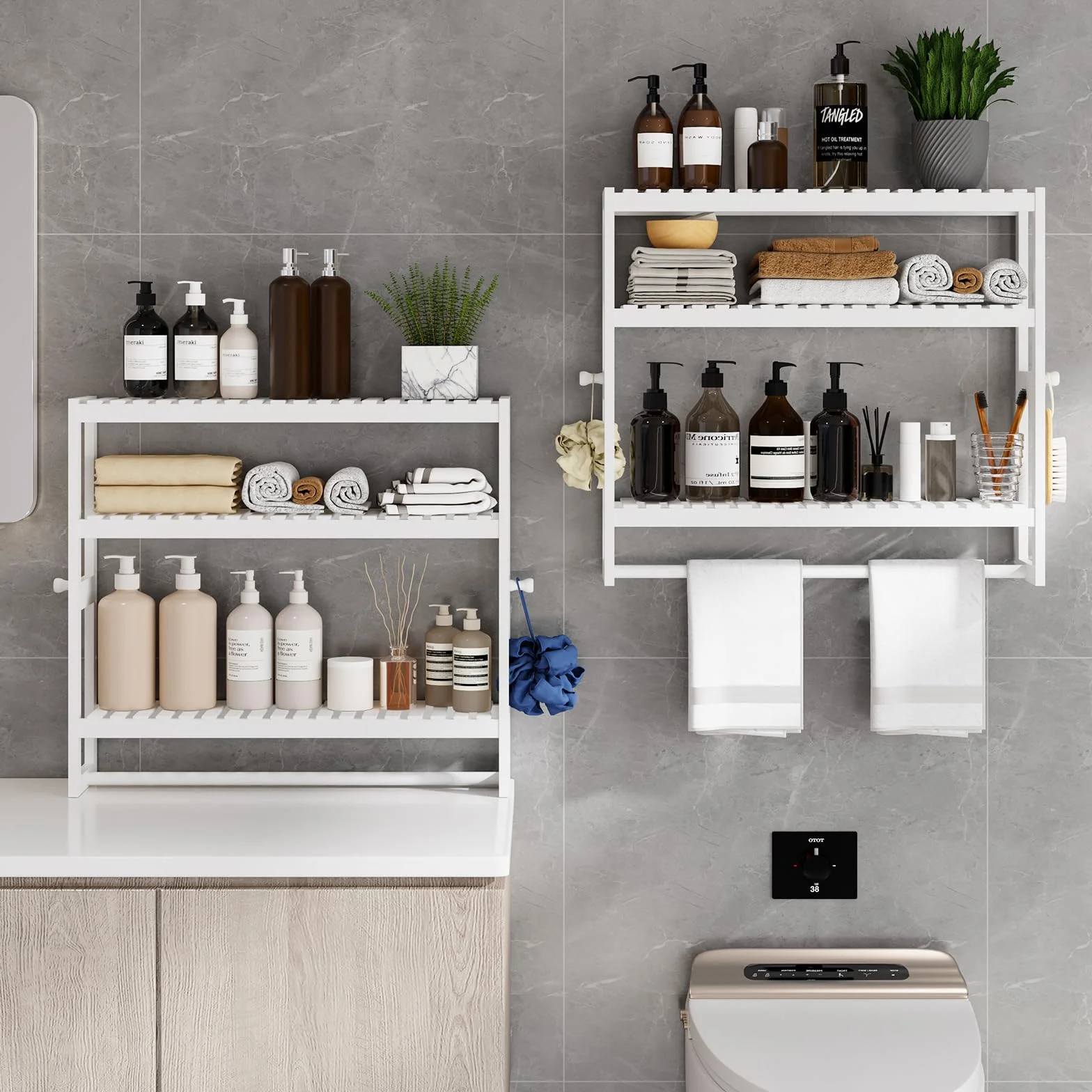 Mensola portaoggetti da bagno, 15 cm di profondità x 50 cm di larghezza x 53,2 cm di altezza, 3 livelli regolabili, montaggio a parete in bambù con barra, scaffale bianco, asta appendiabiti per bagno