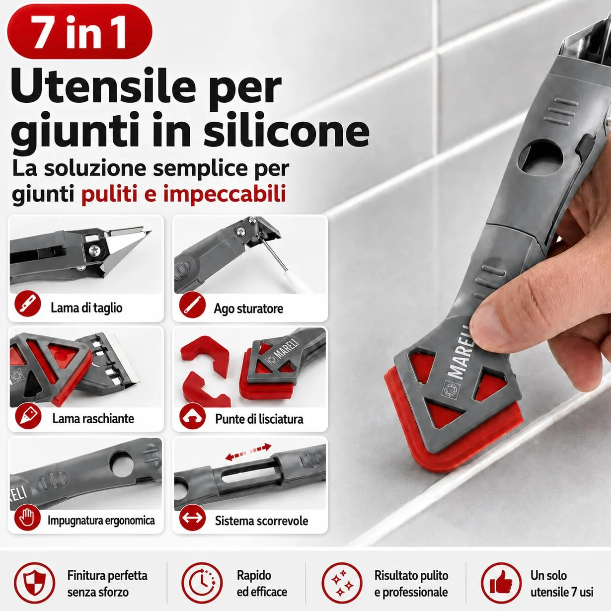 MARELI SERIE 7 - Spatola per Silicone Raschietto Togli Silicone Spatole per Silicone Calafataggio Flex Kit Silicone 7 in 1 Spatola Silicone Sigillante Professionale con Grout Remove per Bagno,Cucina
