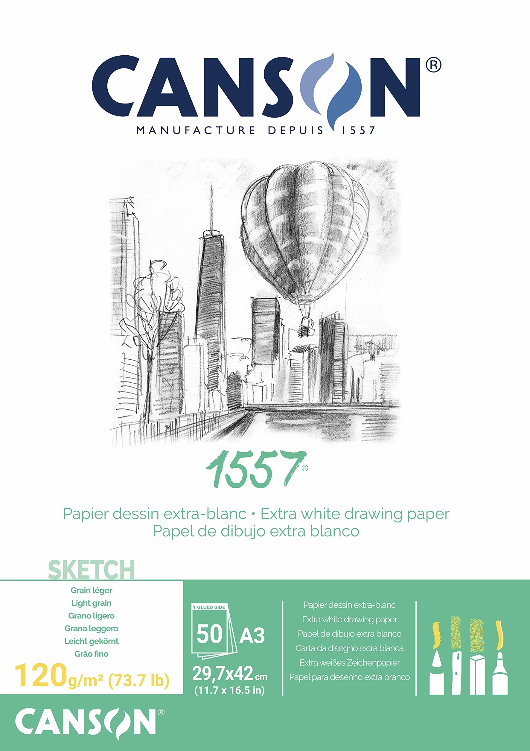 Canson - carta 1557 Blocco da 50 fogli di carta da disegno, 120 g, grana leggera, formato A3, colore: Bianco collato 1 lato