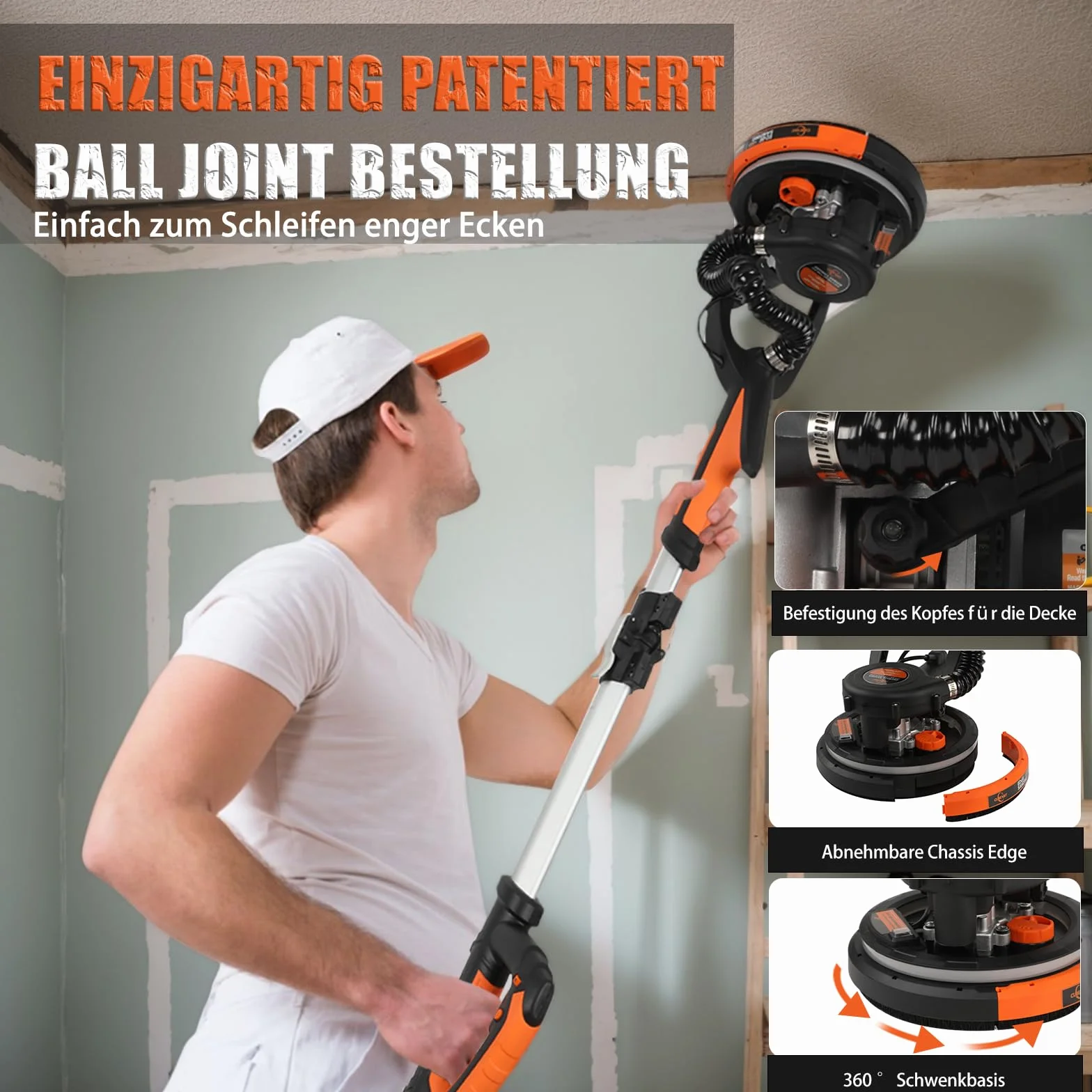 Levigatrice da parete e soffitto, 750 W, velocità massima 1800 giri/min, levigatrice a parete con LED e manico telescopico, levigatura 215 mm, borsa di estrazione, manico pieghevole, testa