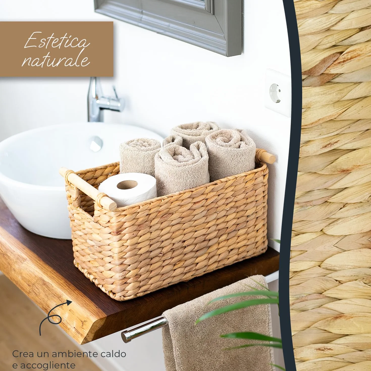 Cesto portaoggetti intrecciato in giacinto d'acqua con manici in legno 37 x 22 x 20 cm naturale