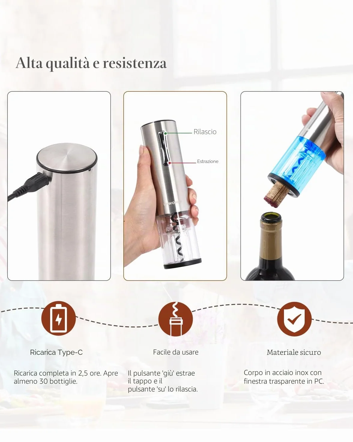 Cavatappi Elettrico Ricaricabile in Acciaio INOX, Apribottiglie Elettrico Professionale con Dispositivo di Rimozione Della Iamina e Cavo di Ricarica Micro USB