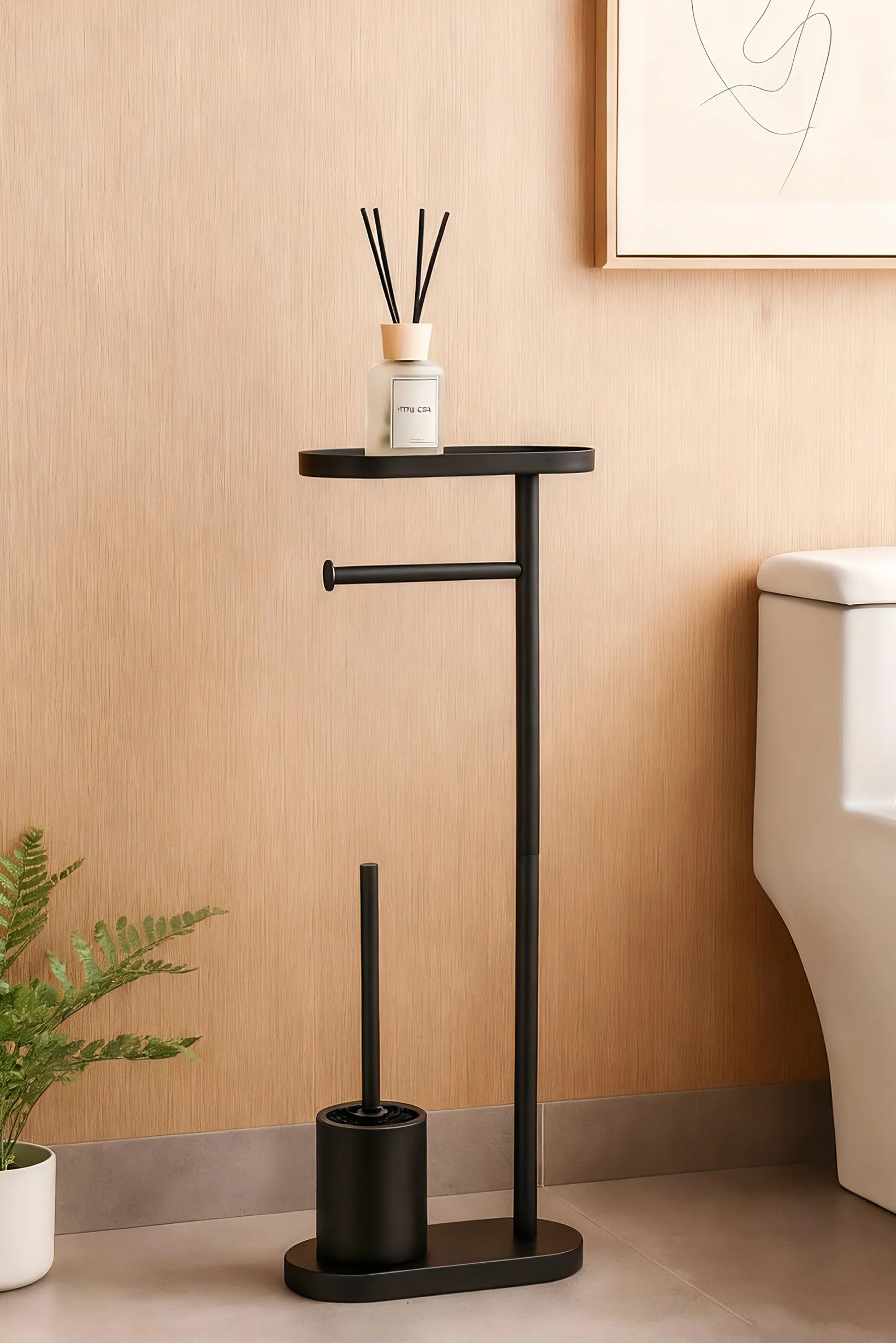 BM Portarotolo da Bagno con Scopino e Mensola in Metallo – Piantana WC 3 in 1 Nera Opaca, design moderno, supporto carta igienica con vassoio superiore, base stabile antiscivolo (Metallo)