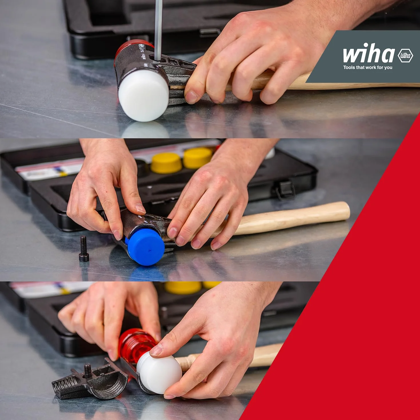 Wiha Juego de martillos de cara blanda Safety con surtido de cabezales, de 9 unid., incl. caja (44008)