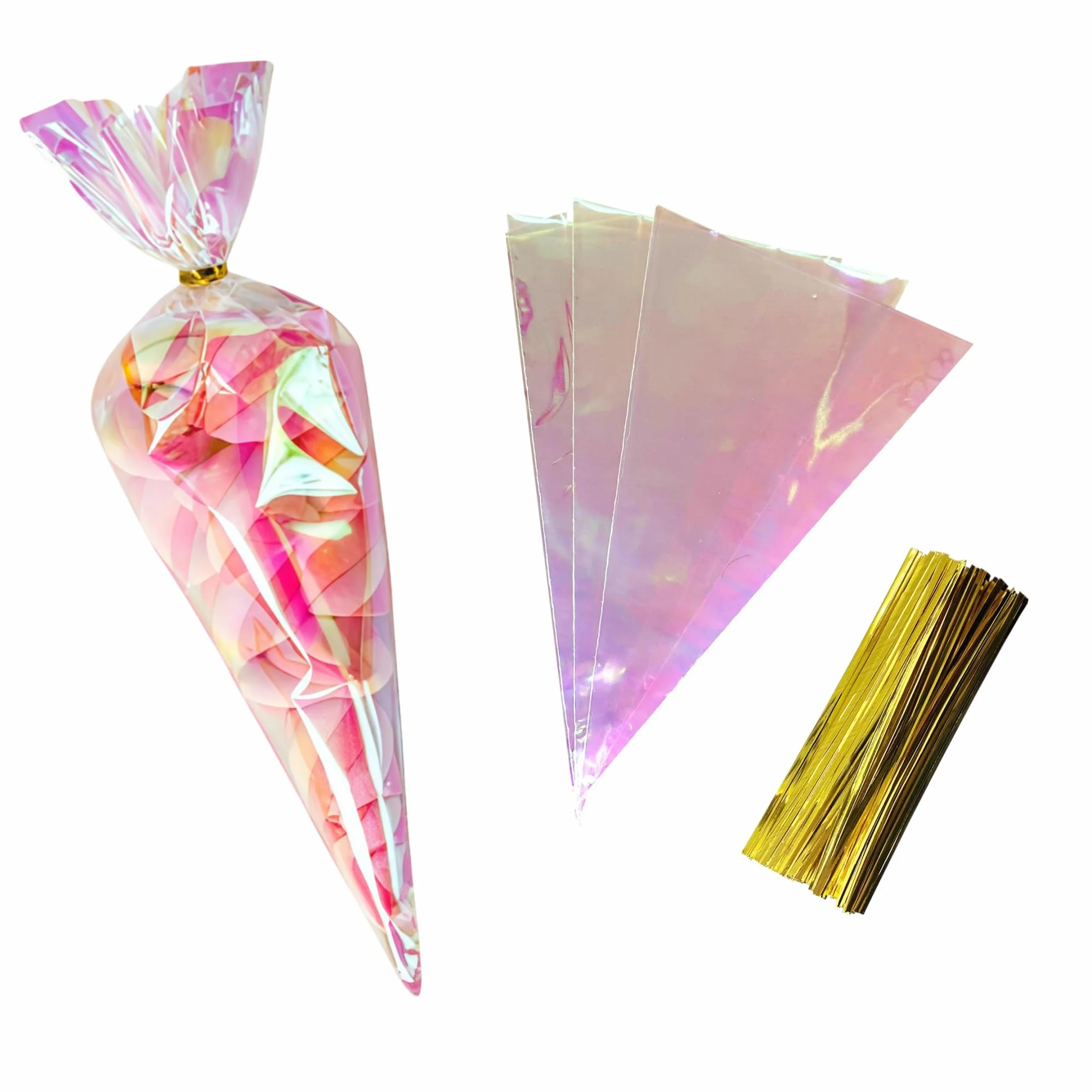 WACCOMT Pack 50 Sacchetti Regalo in Cellophane Olografico Iridescente a Forma di Cono con Chiusura a Laccio Sacchetti di Plastica per Bomboniere (Trasparente, 15.5x25.5cm (6.1x10 inch))