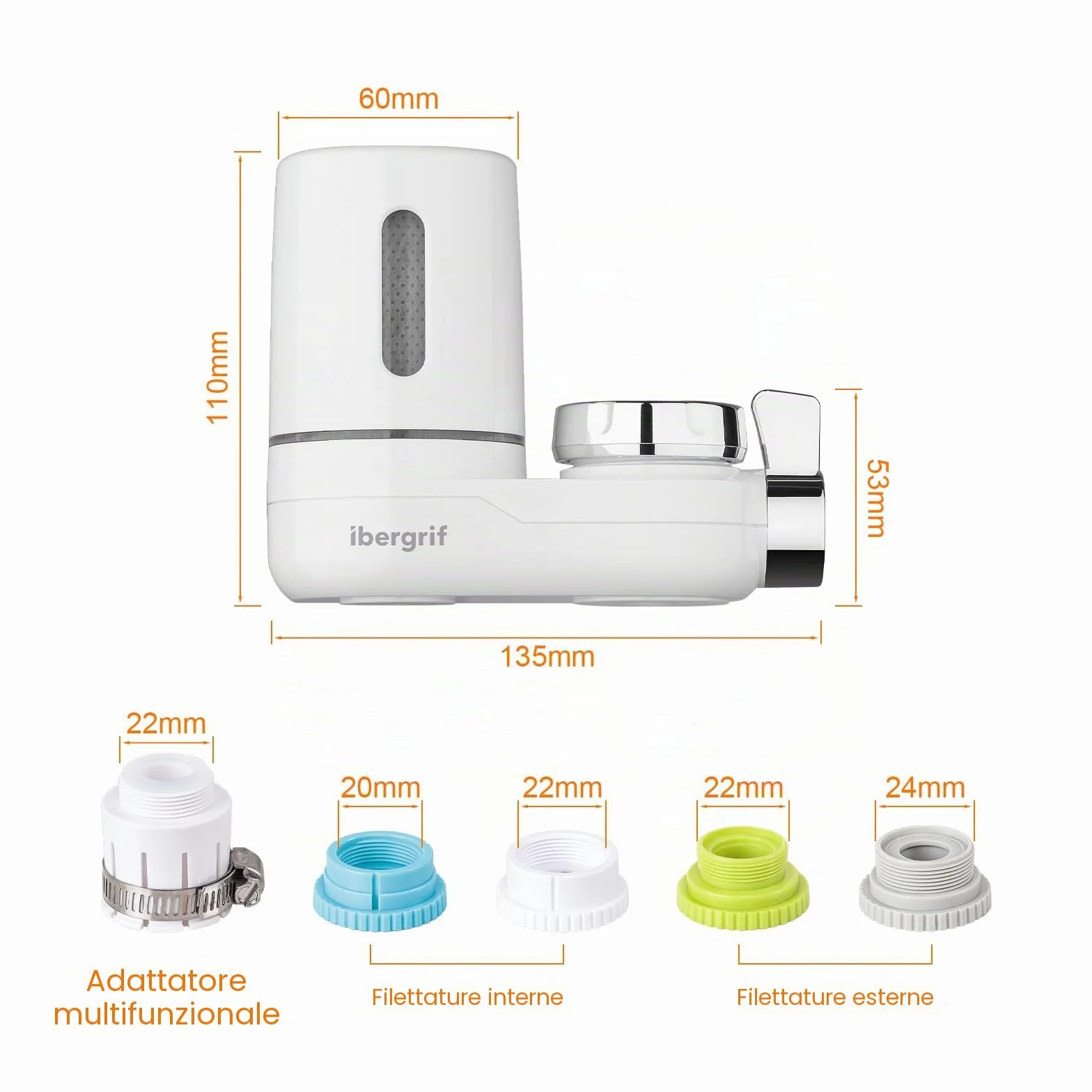 Ibergrif Filtro acqua rubinetto, Sistema filtraggio domestico, Rimuove cloro sedimenti metalli pesanti