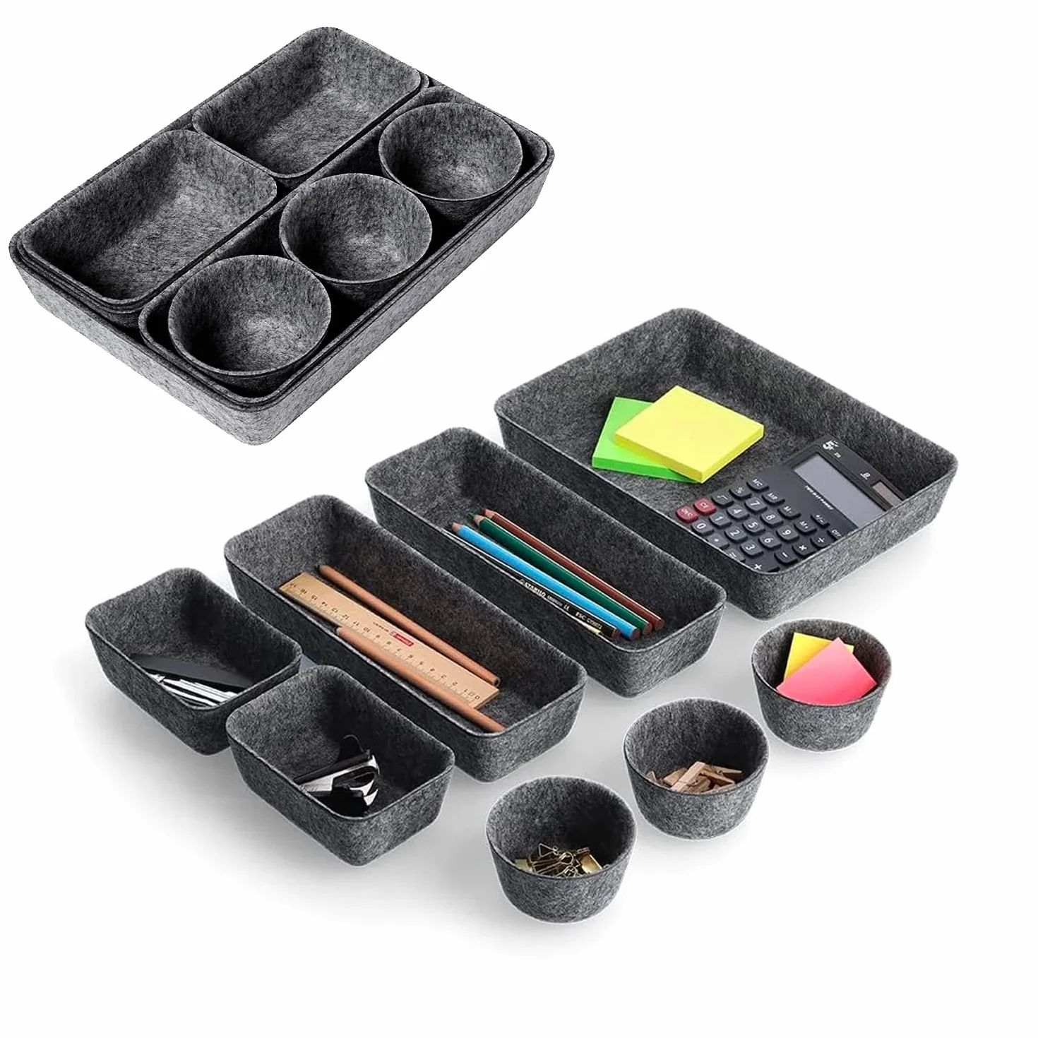 Wintem 8 Contenitori Portaoggetti in Feltro Grigio - Set Organizer Diverse Forme e Misure Ideali per Scrivania, Armadi e Cassetti - Ottimo per Ordinare non Solo l'Abbigliamento ma Anche Utensili