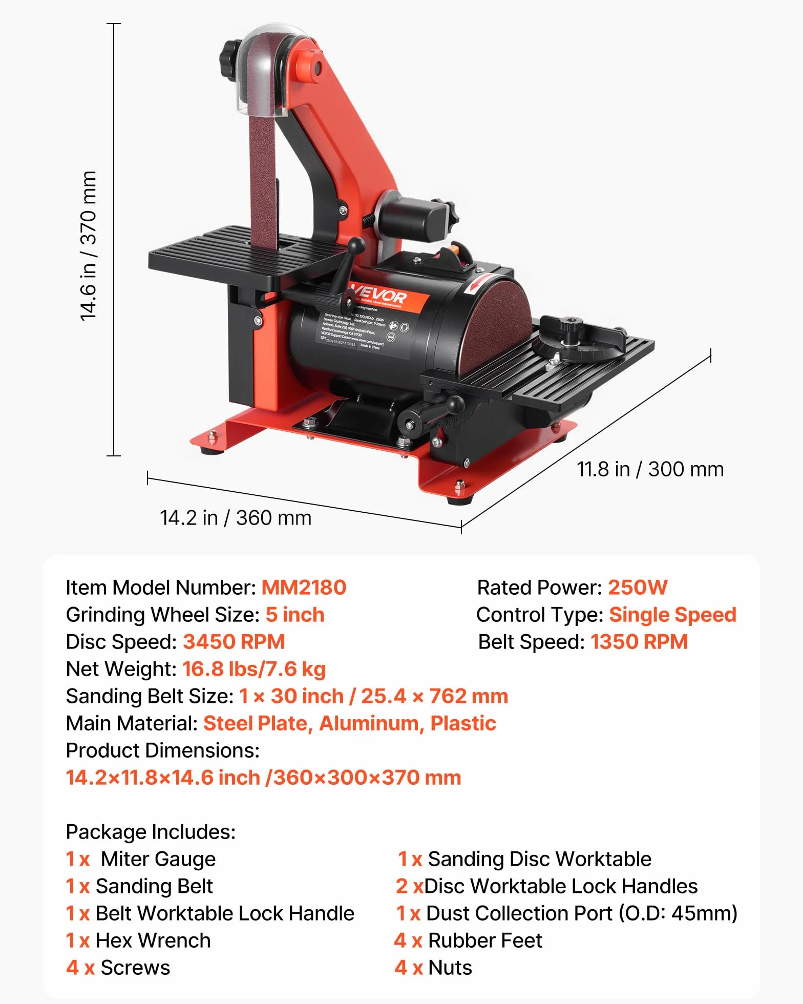 VEVOR Levigatrice a Disco Levigatrice a Nastro 25,4 x 762 mm da 250 W Velocità Singola con Piano di Lavoro Regolabile 0 a 45° Porta di Raccolta Polvere per Lavorazione del Legno, Fai da te