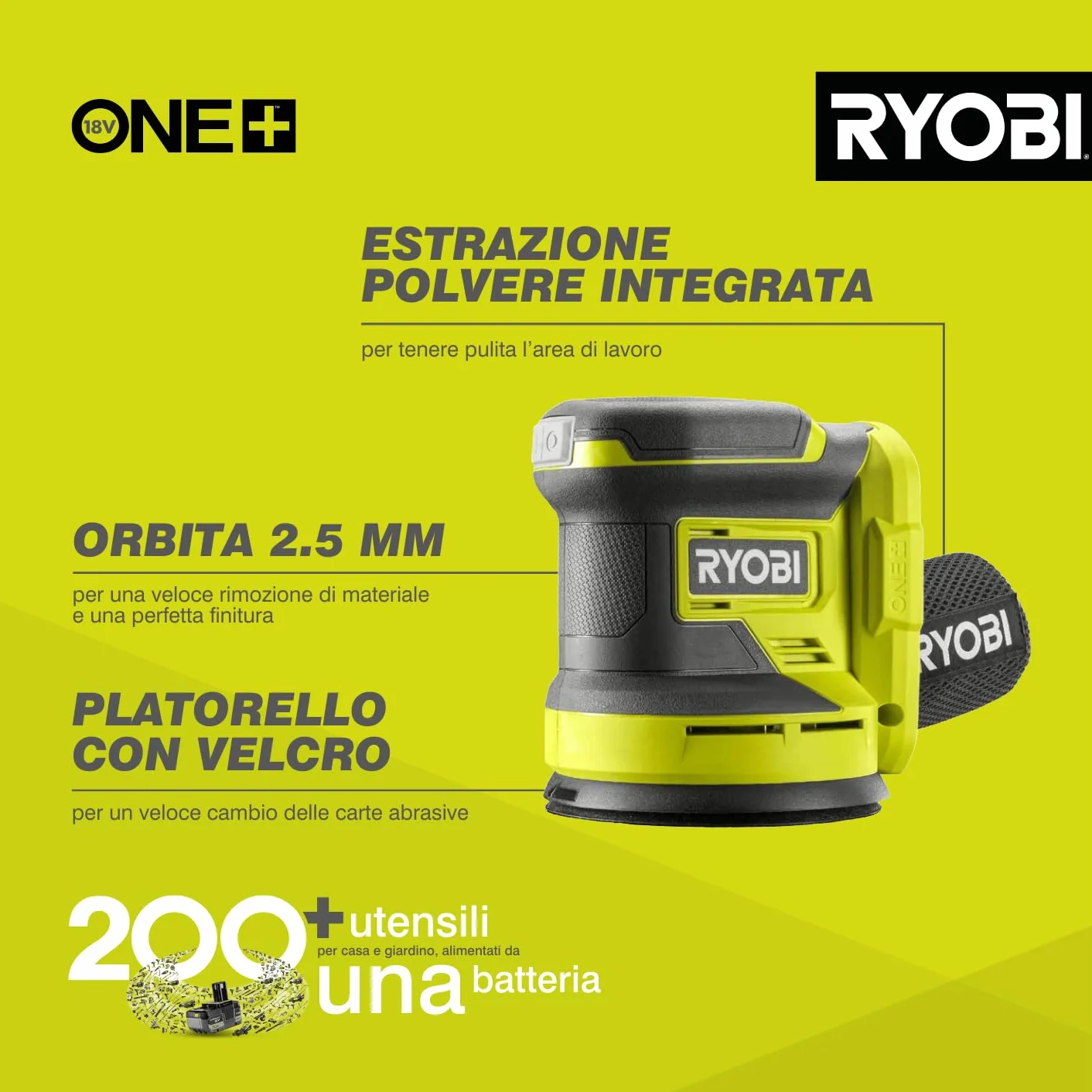 Ryobi Levigatrice Rotorbitale 18V ONE+, Diametro Disco 125mm, Velocità 10.000 Giri/Minuto, Diametro Orbita 2.5mm, 20.000 Oscillazioni al Minuto, Senza Batteria e Caricatore, RROS18-0