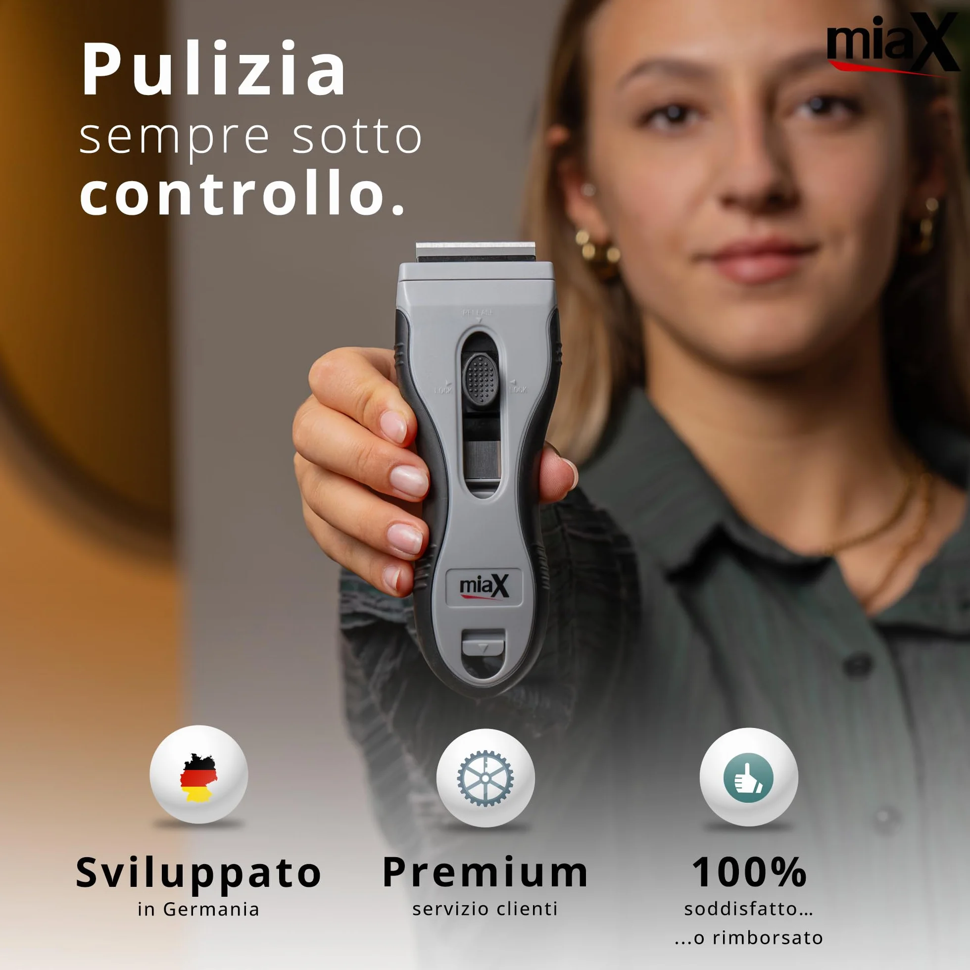 miaX Premium Spatola Multiuso 2.0 – Raschietto rimuovi silicone, con 8 lame di ricambio integrate – per piano induzione, vetro, adesivi, vernici