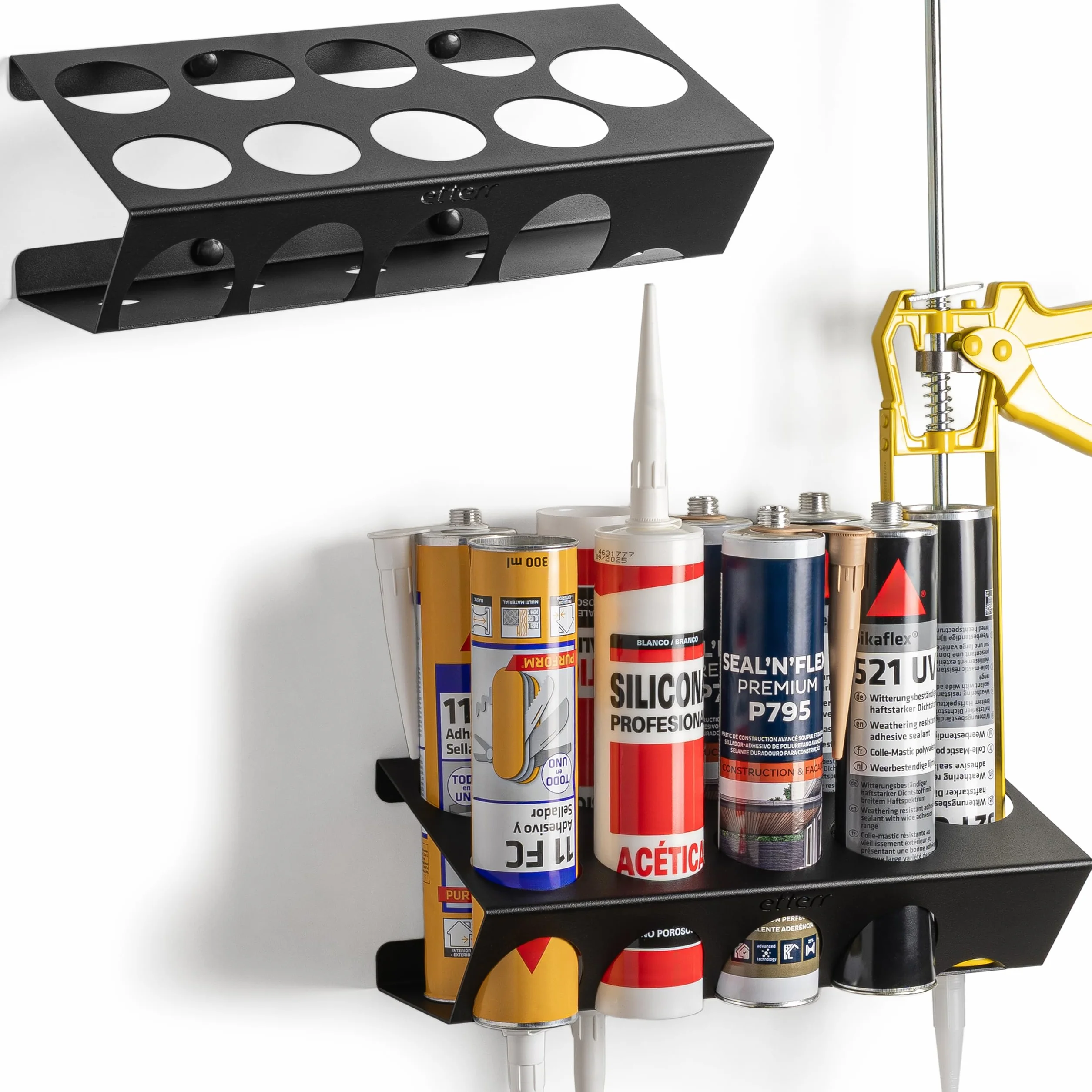 Supporto a Parete per Cartucce di Silicone e Pistola | 8 Vani + 1 Pistola | 100% Acciaio Rinforzato | Organizzatore Mensola Scaffale per Officina, Garage, Furgone | Fabbricato in Europa |