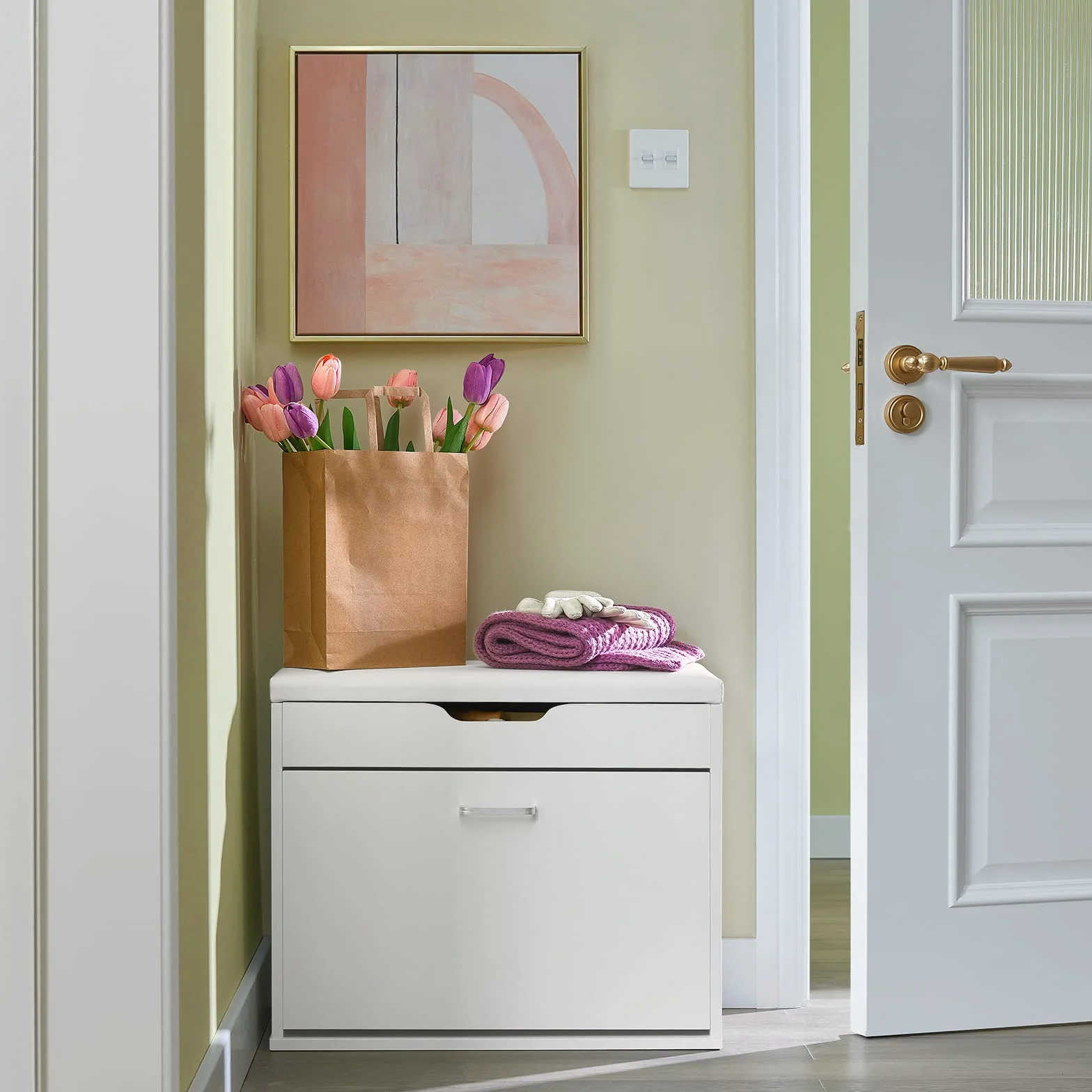 SoBuy Scarpiera Salvaspazio Slim Ingresso– Panca Scarpiera da Ingresso con Contenitore Nascosto – Cassapanca Pieghevole per Corridoio o Camera da Letto – Bianco 60x30x50cm 120kg – FSR95-W