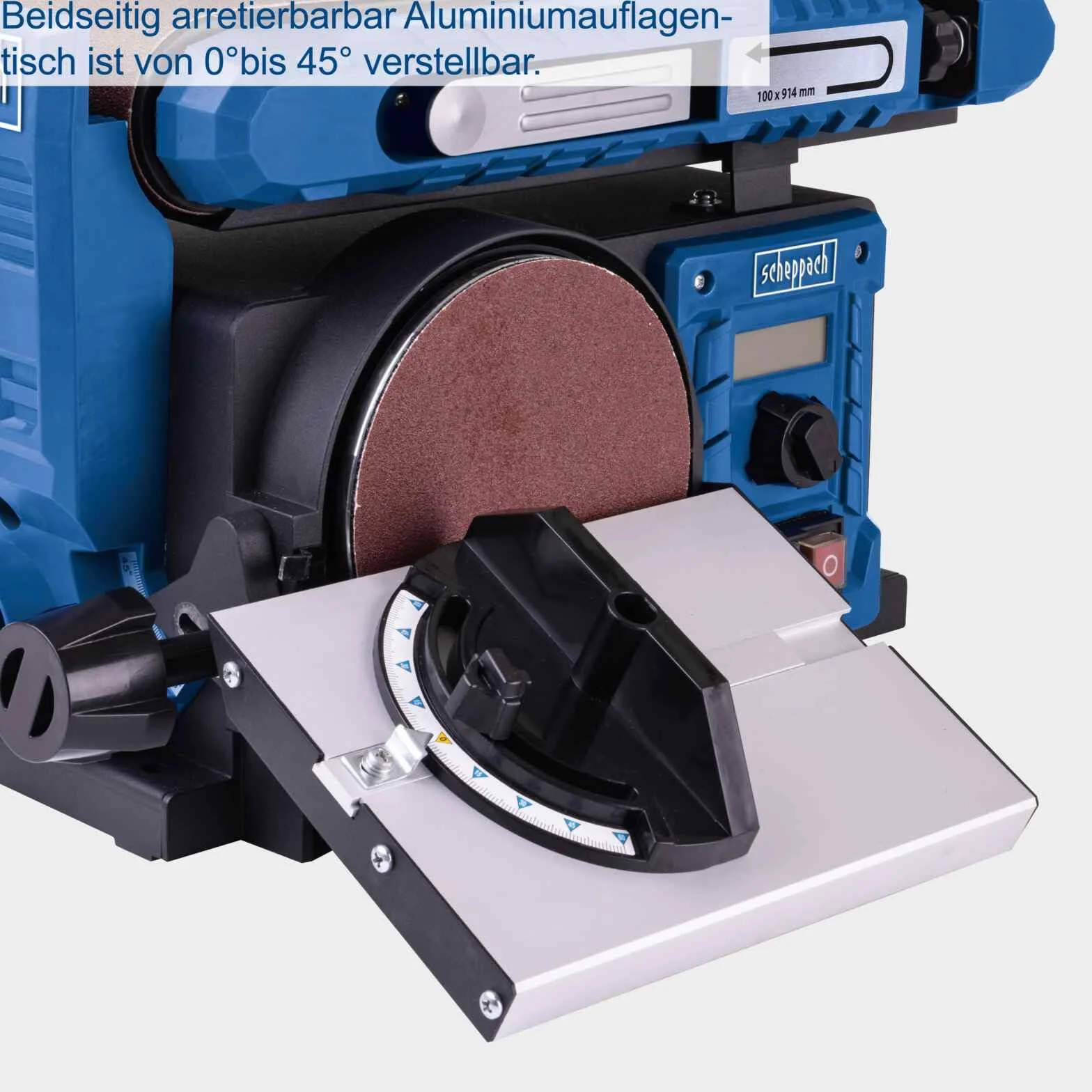 Scheppach BTS900Vario - Levigatrice a nastro e piatti con velocità vario, 400 W, piatto abrasivo 150 mm, regolazione continua della velocità | arresto trasversale | tavolo 0° – 45° | con carta vetrata