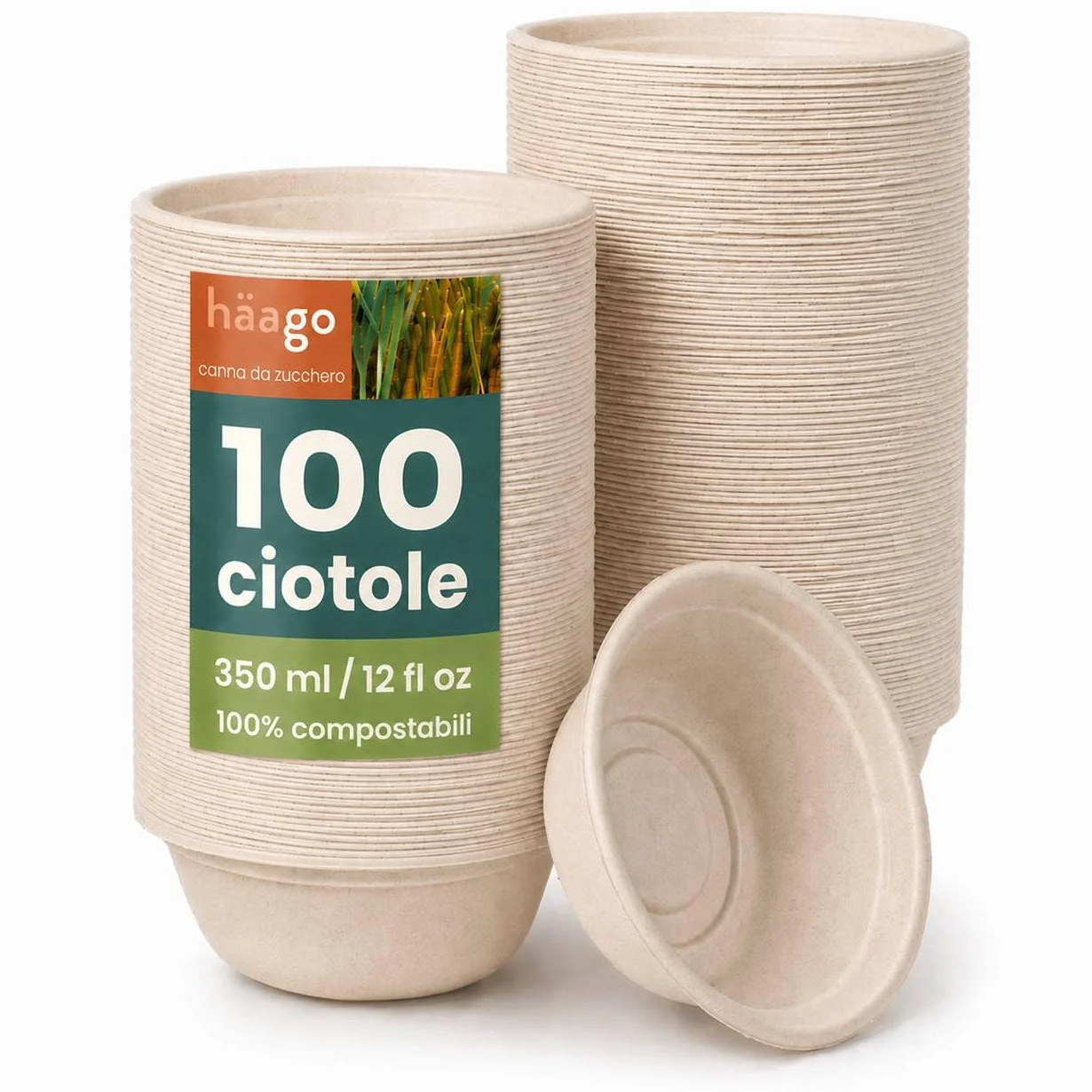 HAAGO Ciotole in Canna da Zucchero 350 ml 12 oz Compostabili Monouso Resistenti a Perdite e Grasso