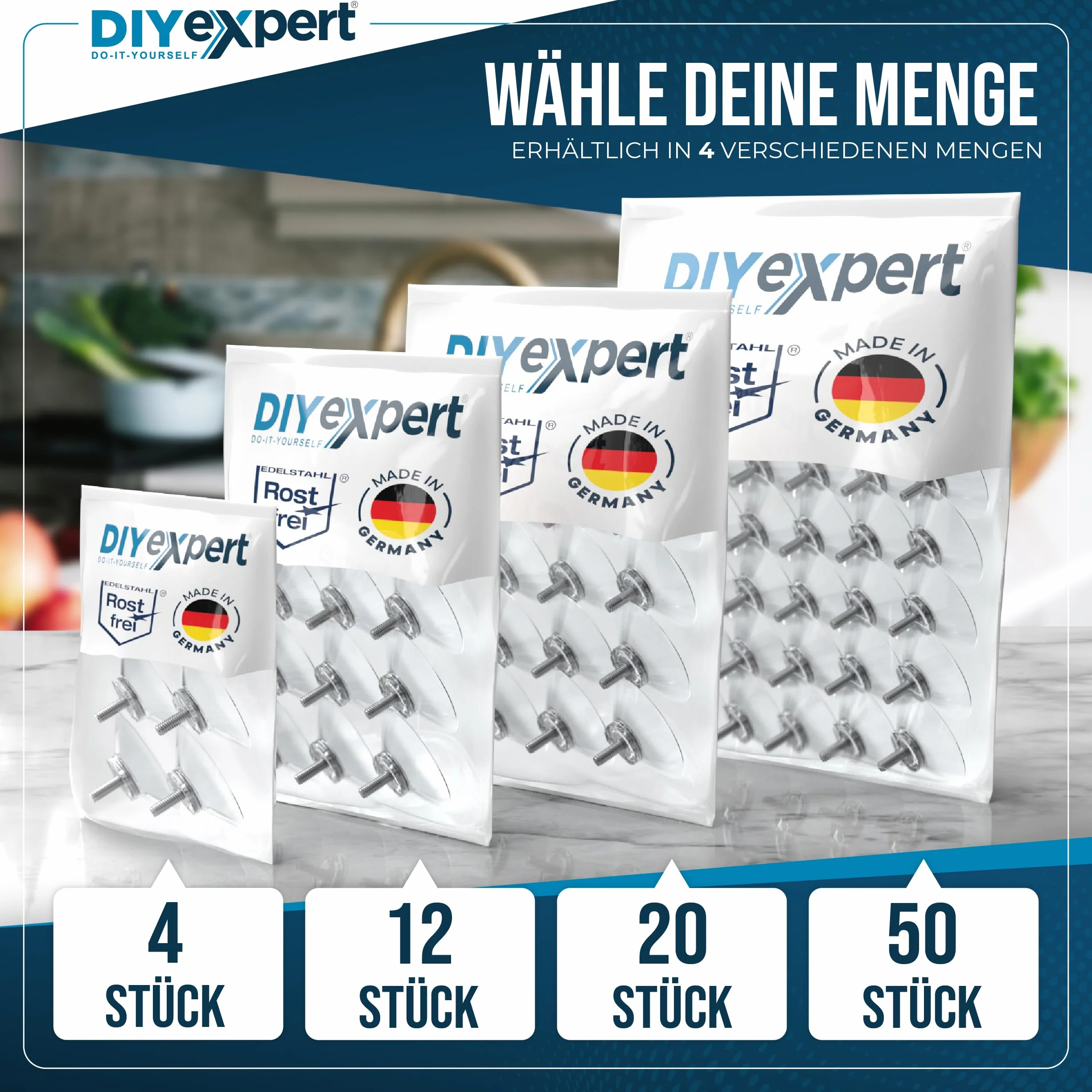 DIYexpert® - Ganci con Ventosa, Diametro 50 mm, con Filettatura M4 x 10 mm, 12 Pezzi, con Dadi zigrinati Trasparenti, Realizzati in Germania