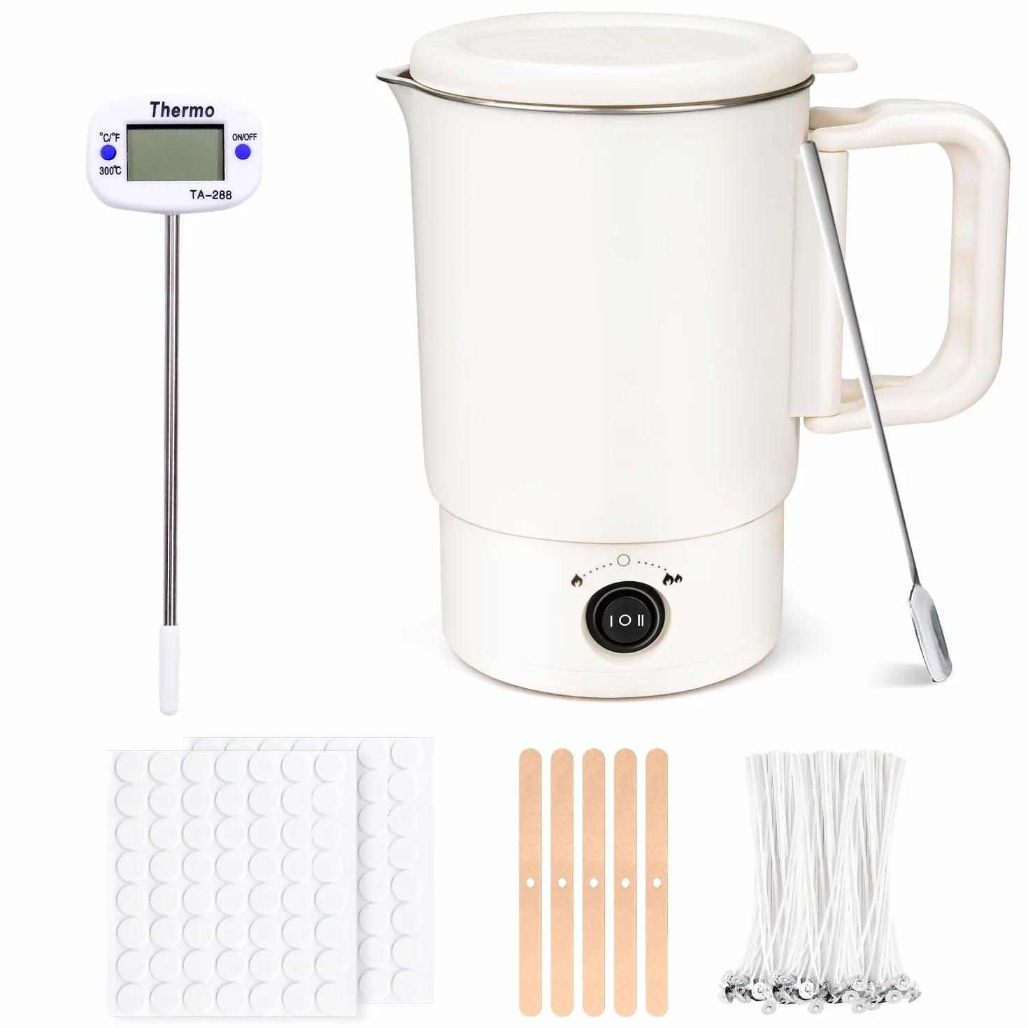 Spoyletto Fusciera elettrica per la produzione di candele, candele fai da te, set di accessori con pentola per fusione di cera, termometro, stoppino per candele, stoppino e cucchiaio per mescolare