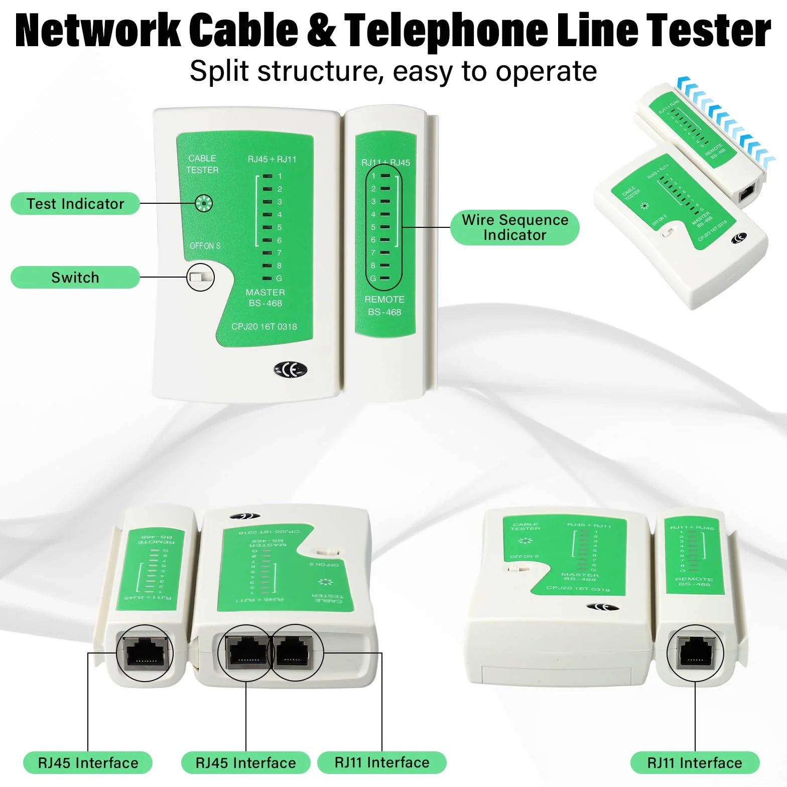 Kit di strumenti di rete RJ45 con 4x Cat7/6a, 30x CAT.5/5e/6, 10x 6P6C RJ11/RJ12, prese RJ45/RJ11/RJ12, strumento di riparazione e tester di rete