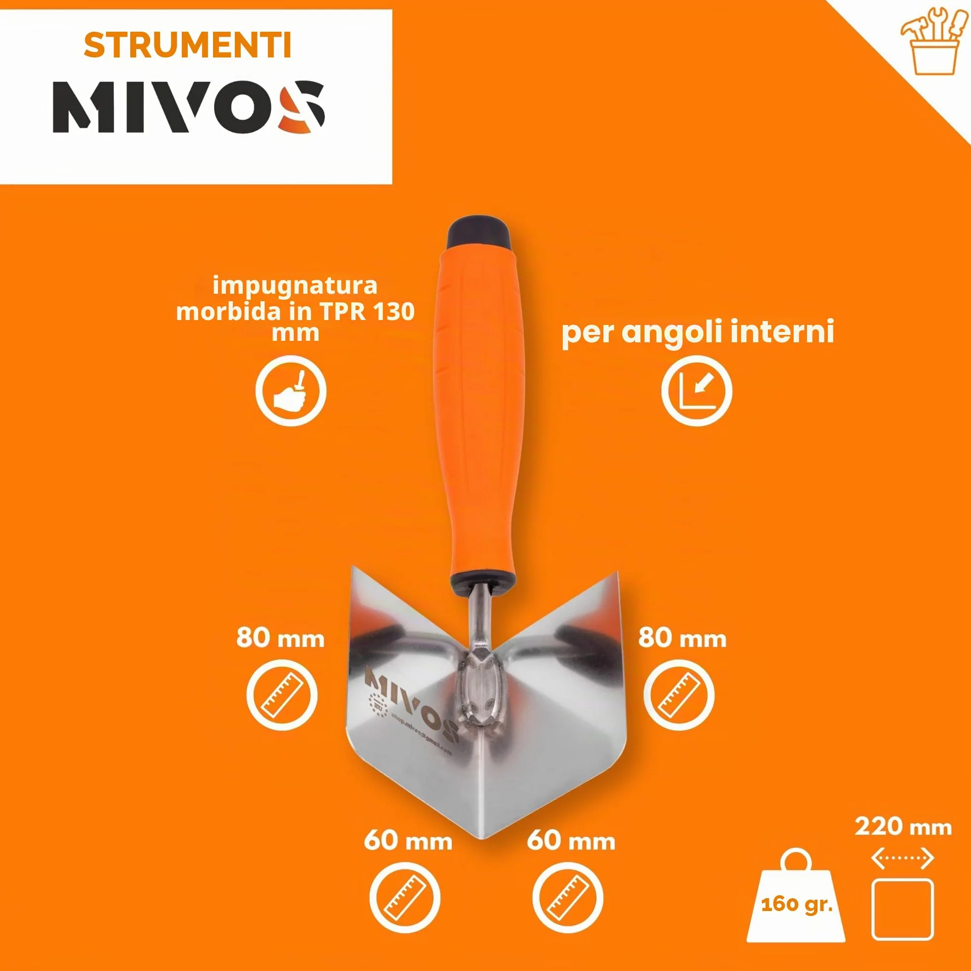 Mivos 2 x Spatole Angolari Antiruggine 80 x 60 mm - Cazzuola Angolare Interna ed Esterna in Acciaio Inox - Cazzuola per Bordi Interni ed Esterni con Impugnatura Morbida - Spatola Angolare per Stucco