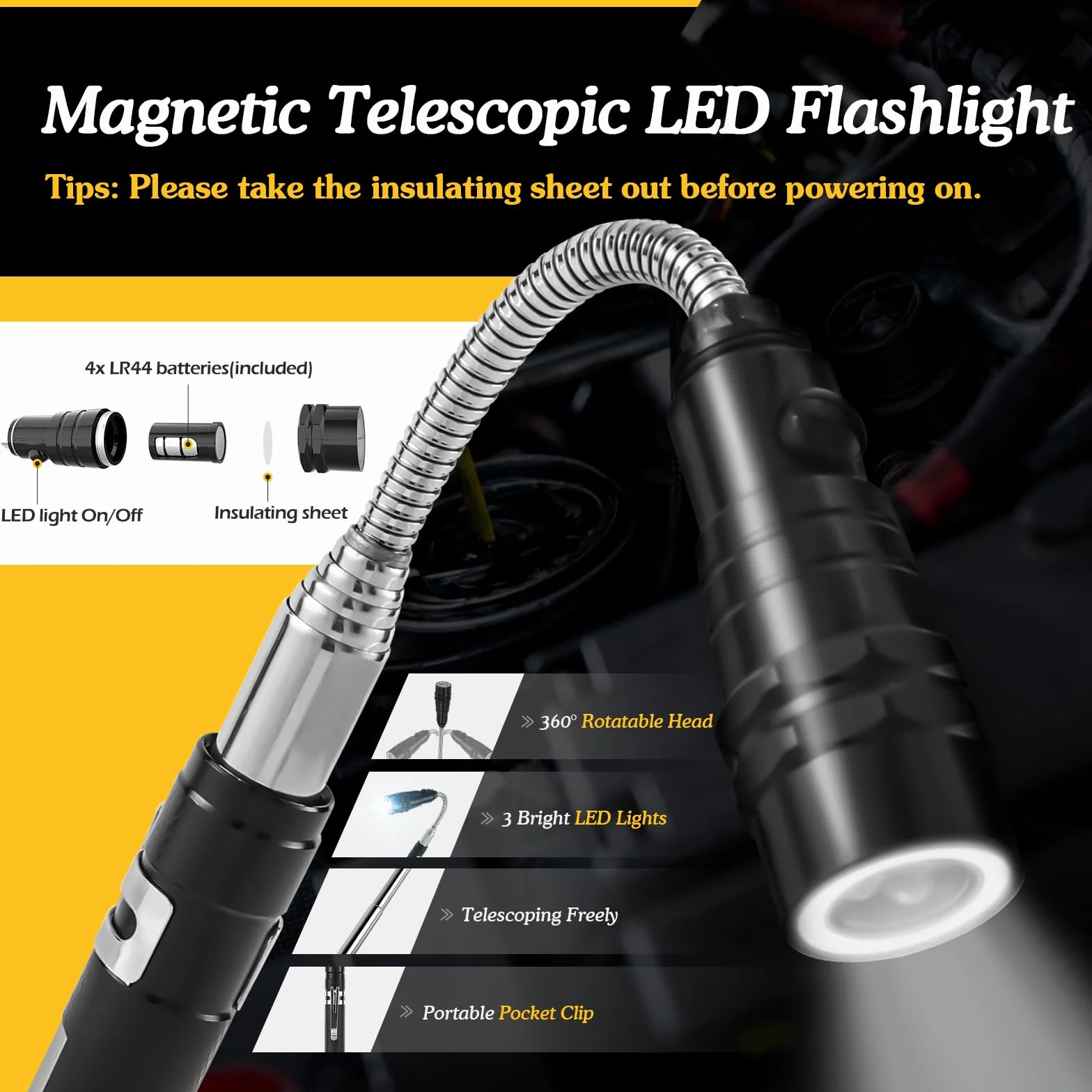 Housolution Kit di Strumenti Telescopici Magnetici, 5 pezzi con Impugnatura Retrattile, Prelievo Magnetica da 1&15 lbs, Specchio di Ispezione Rotondo e Quadrato Regolabile a 360°,Torcia LED Flessibile