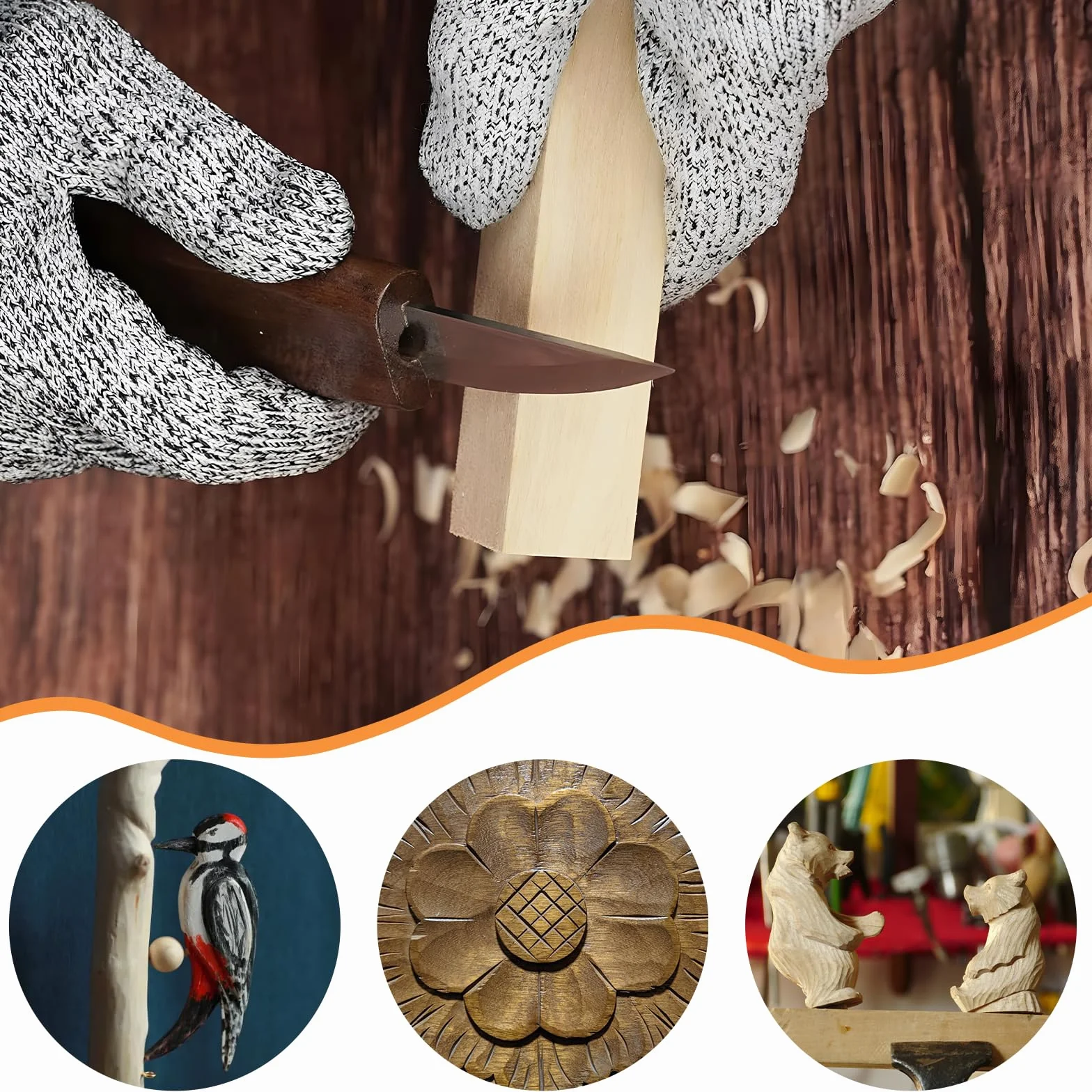DBREAKS Kit Intaglio Legno 24 PCS, Sgorbie per Legno, Strumenti per Lavorare il Legno, Coltello Intaglio Legno per Principianti e Professionisti, con Guanti Resistenti al Taglio