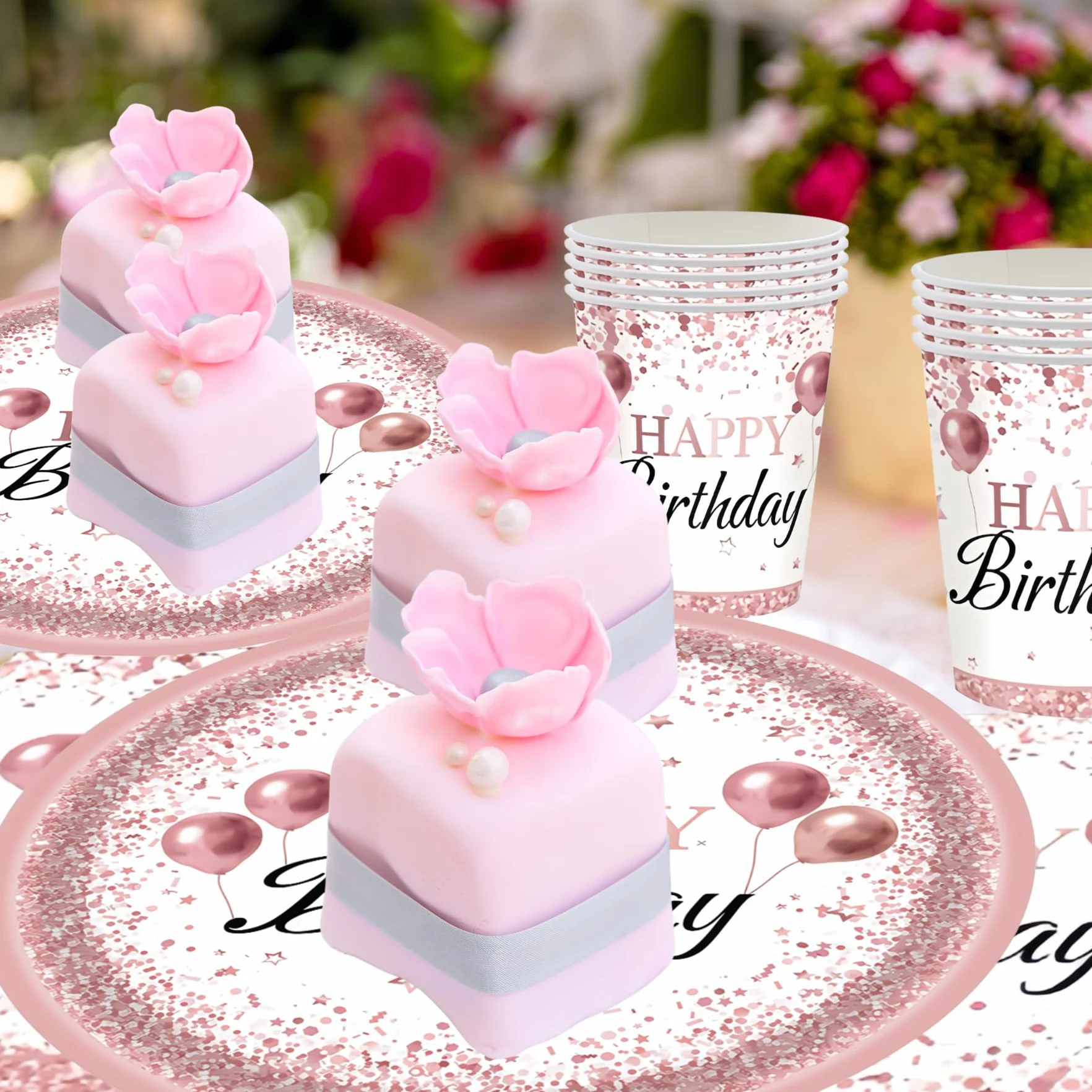 Happy Birthday Set per feste 16 ospiti Oro rosa Piatti bicchieri tovaglioli compleanno