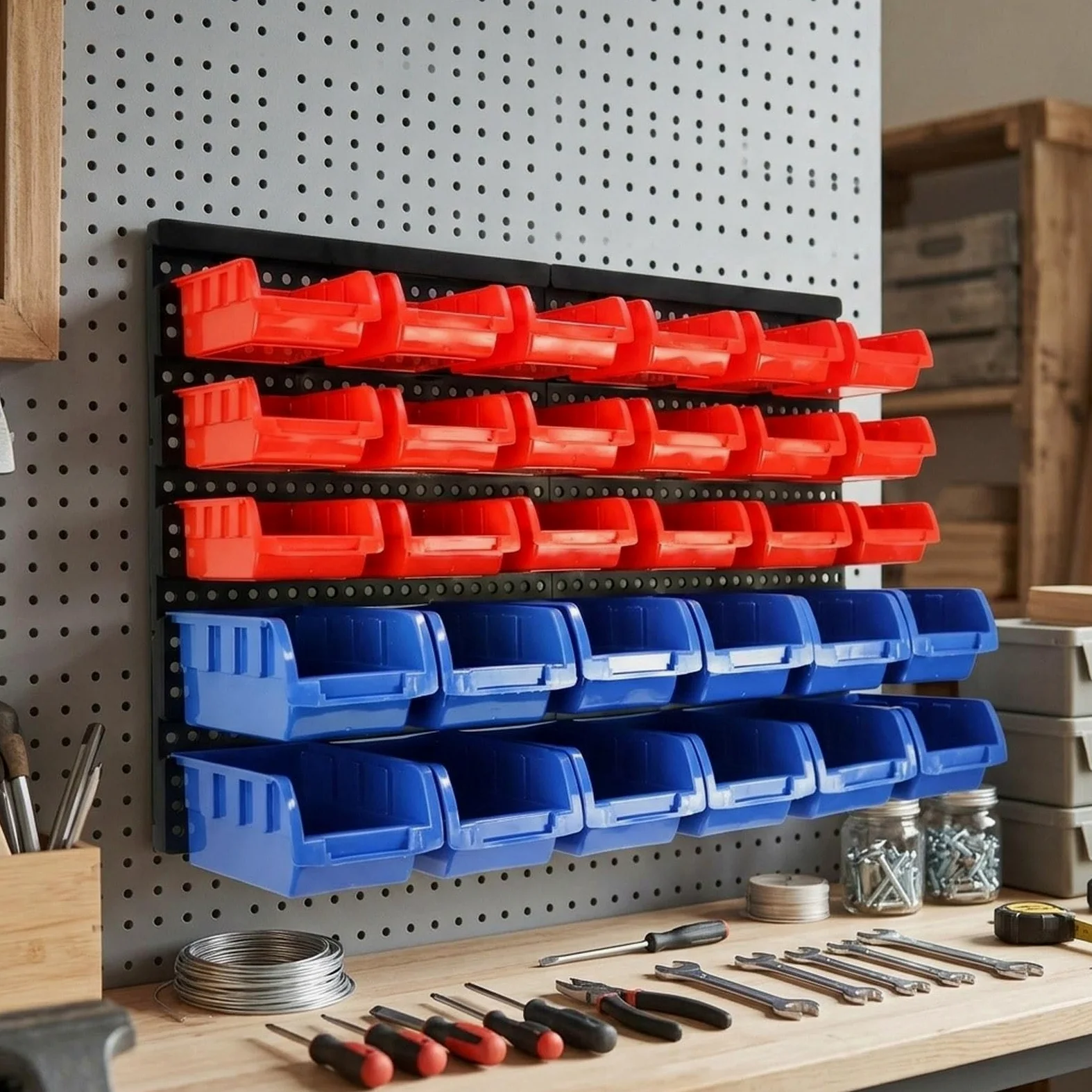 30 Scatole Portaoggetti con Pannello Forato, Scaffale per Componenti Facilmente Accessibile, Organizer per Utensili, Forniture per Ufficio, Garage, Rosso Blu