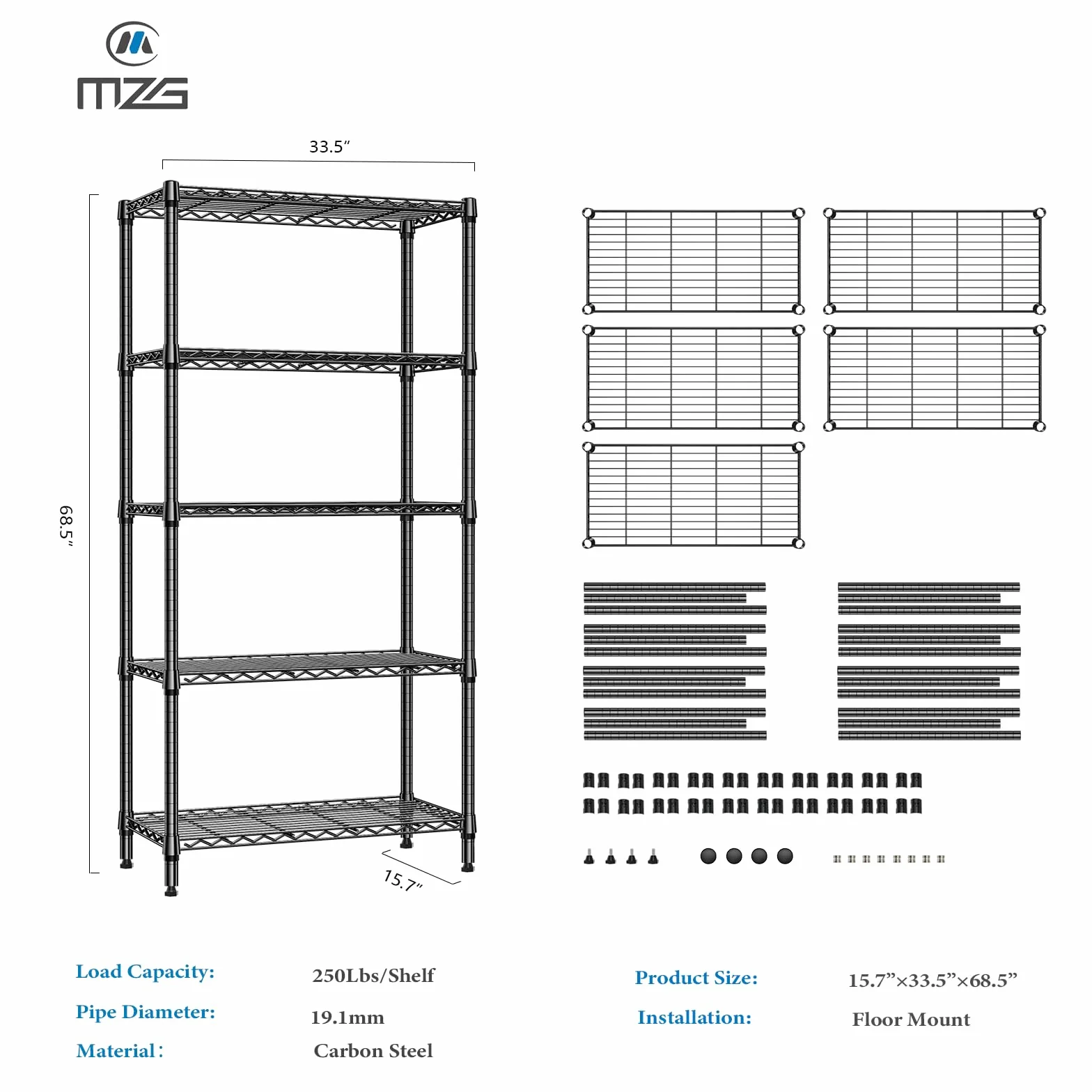 M MZG Scaffale in metallo a 5 ripiani, 567 kg, resistente, per armadio, garage, cucina, bagno, lavanderia, nero, 40 x 85 x 173,9 cm